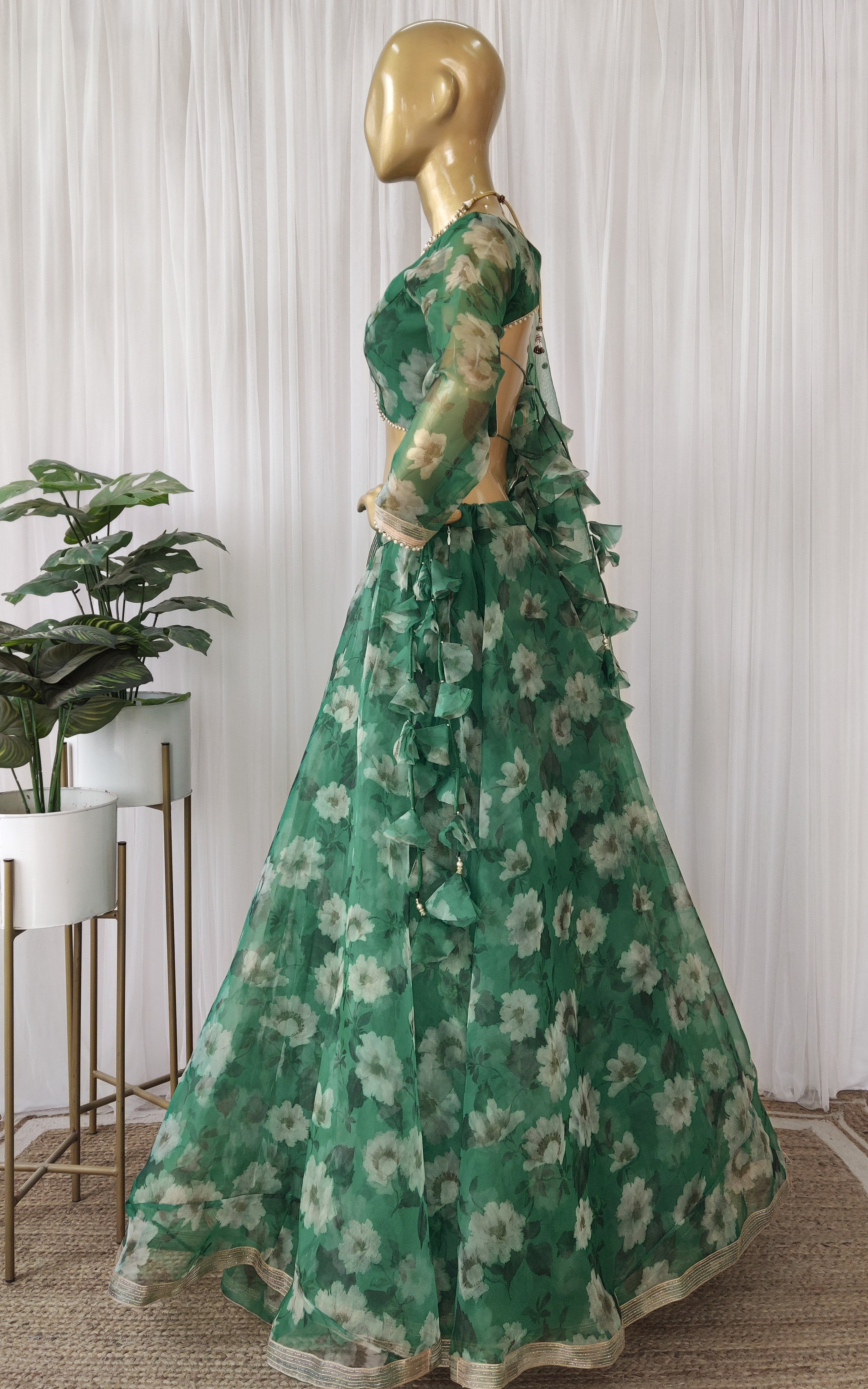 Forest Green Floral Organza Lehenga
