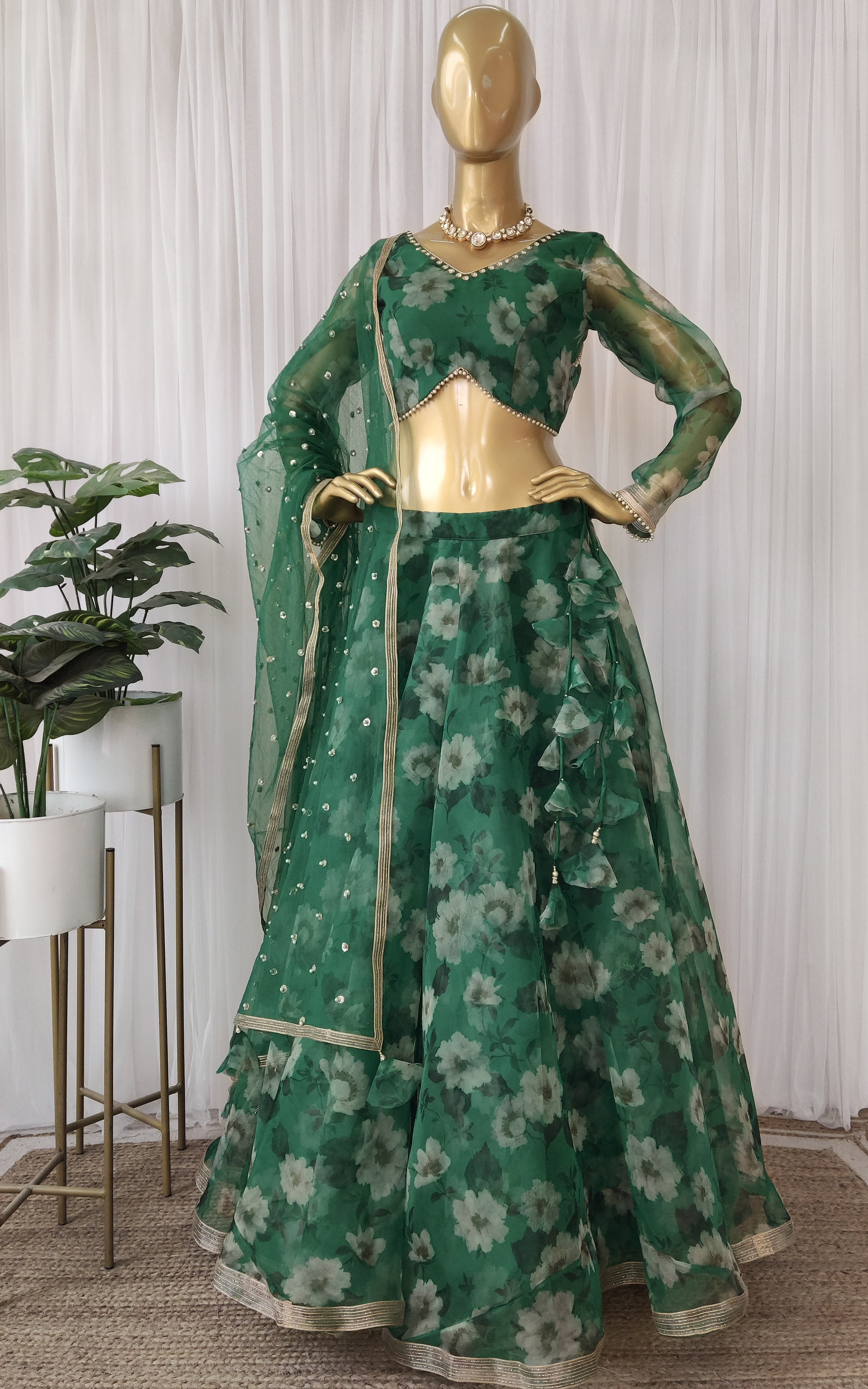 Forest Green Floral Organza Lehenga