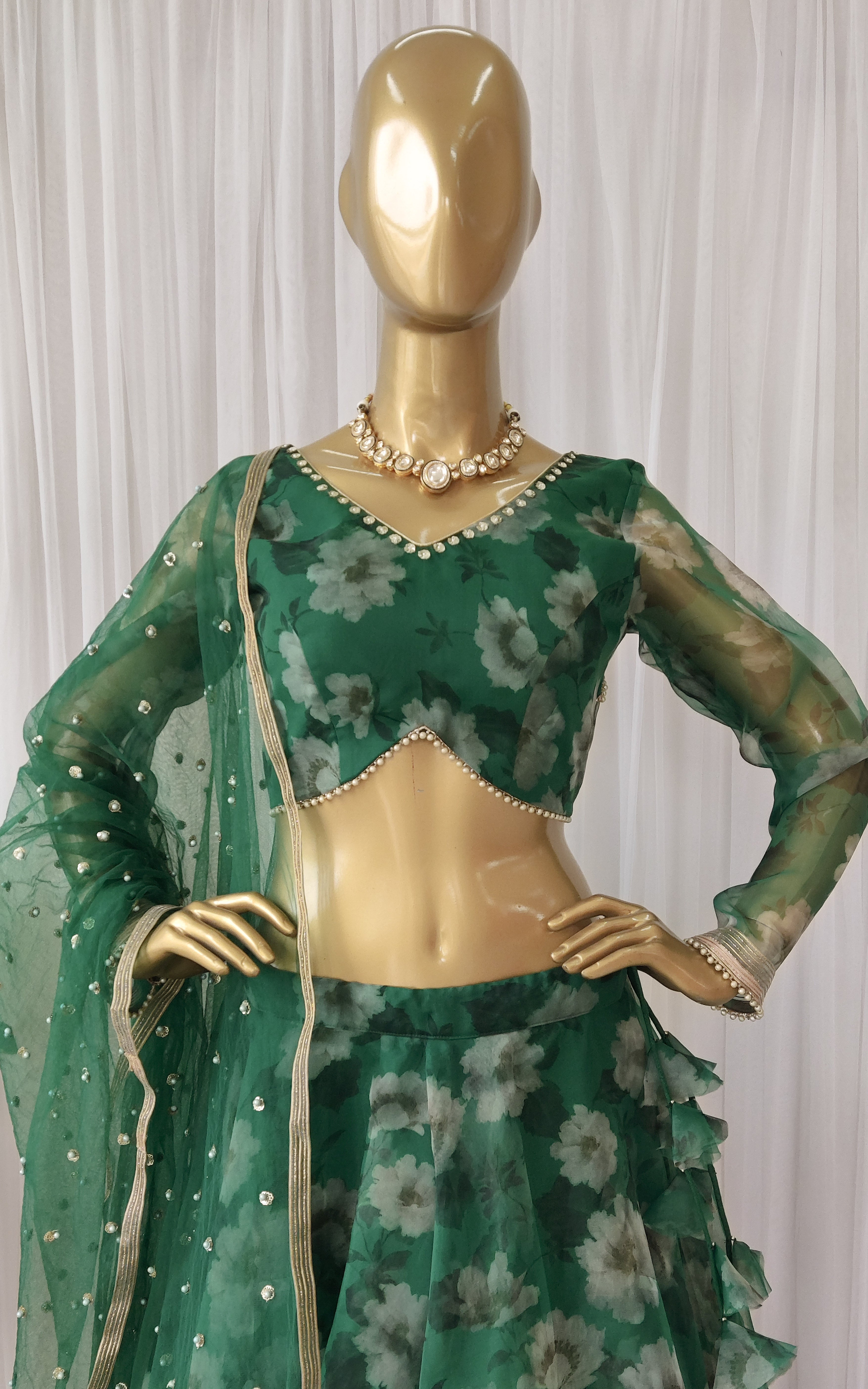 Forest Green Floral Organza Lehenga