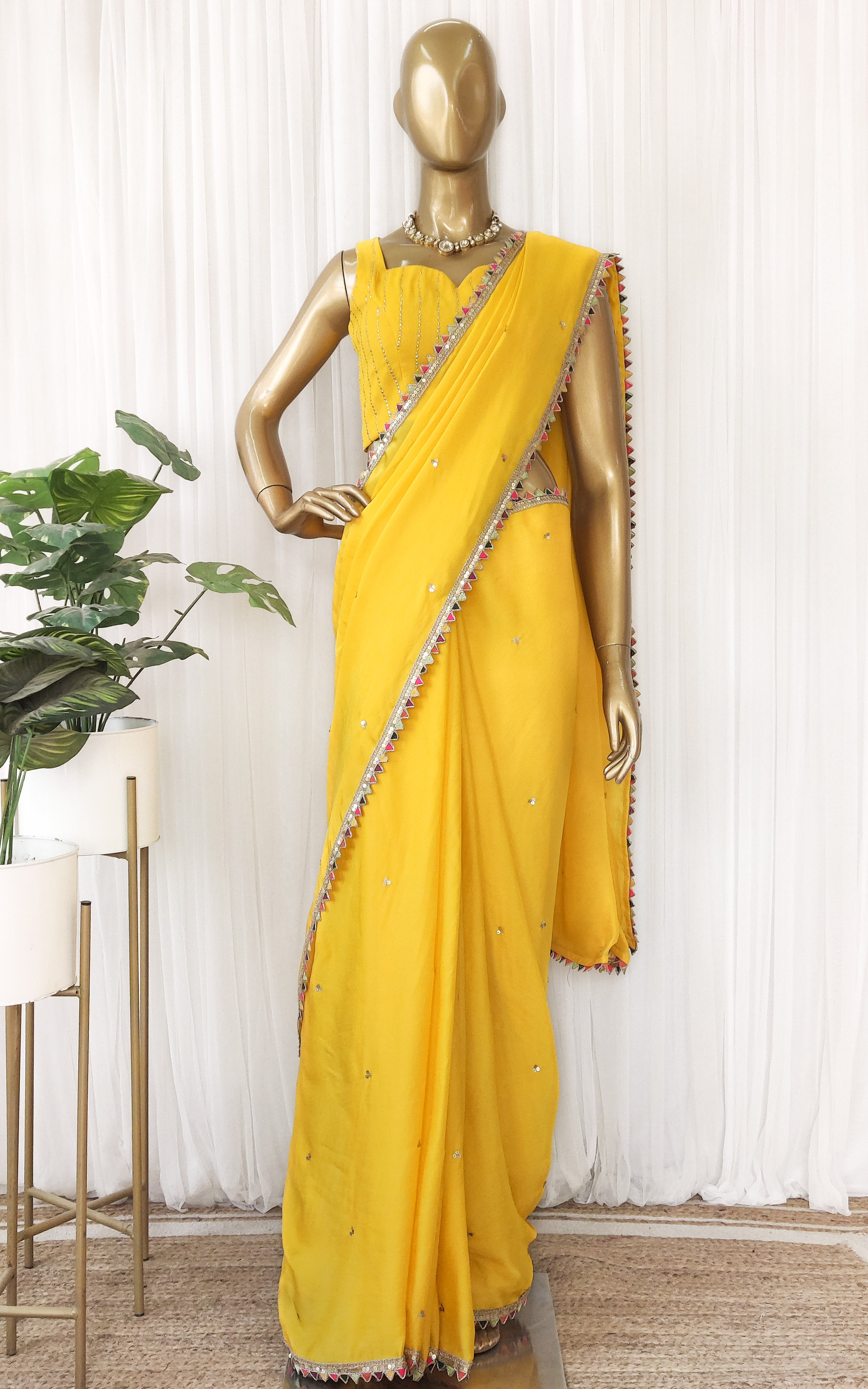 Yellow Sequinwork Satin Organza Saree