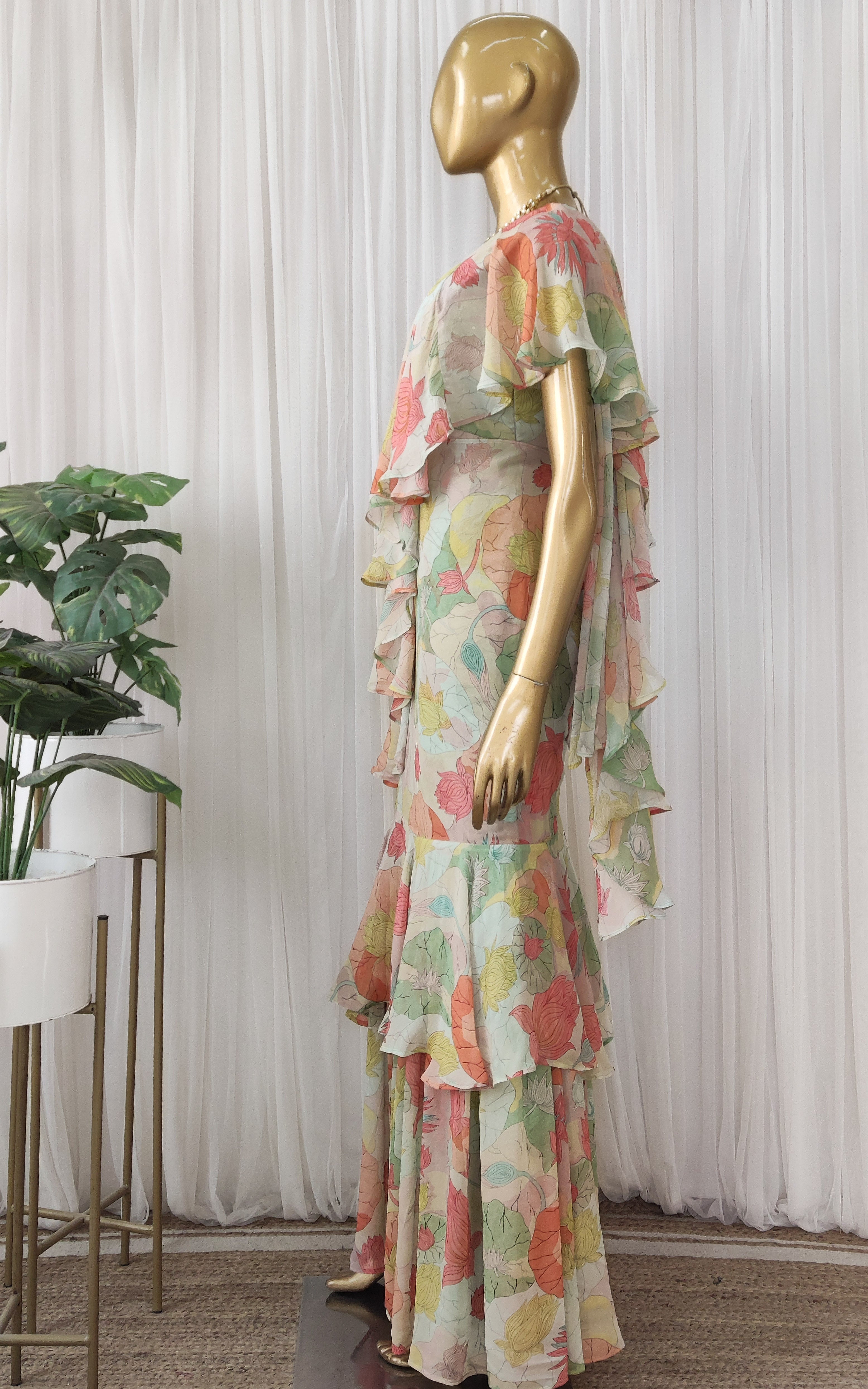 Lotus Print Multicolor Ruffle Saree Dress