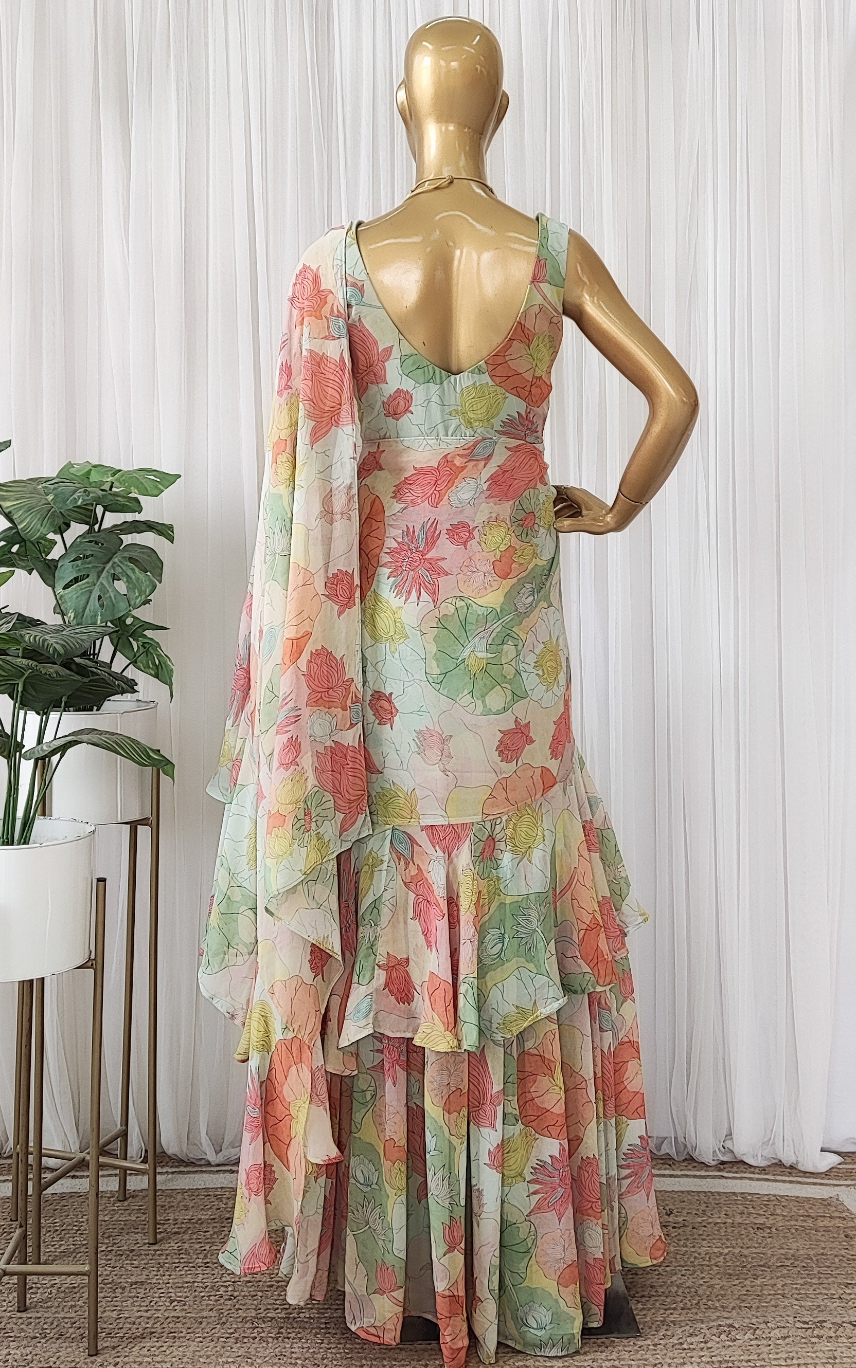 Lotus Print Multicolor Ruffle Saree Dress