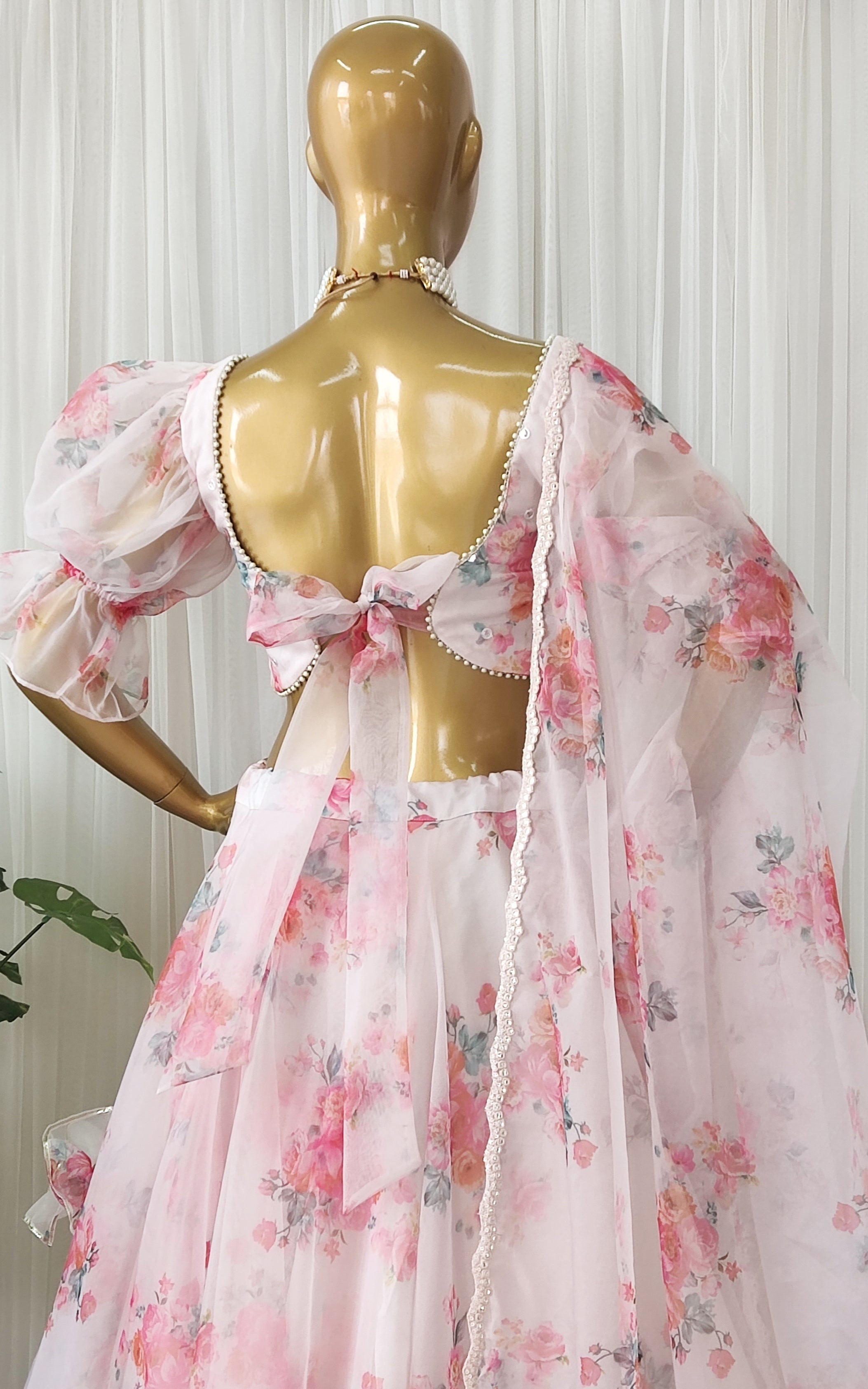 Off White Floral Organza Lehenga