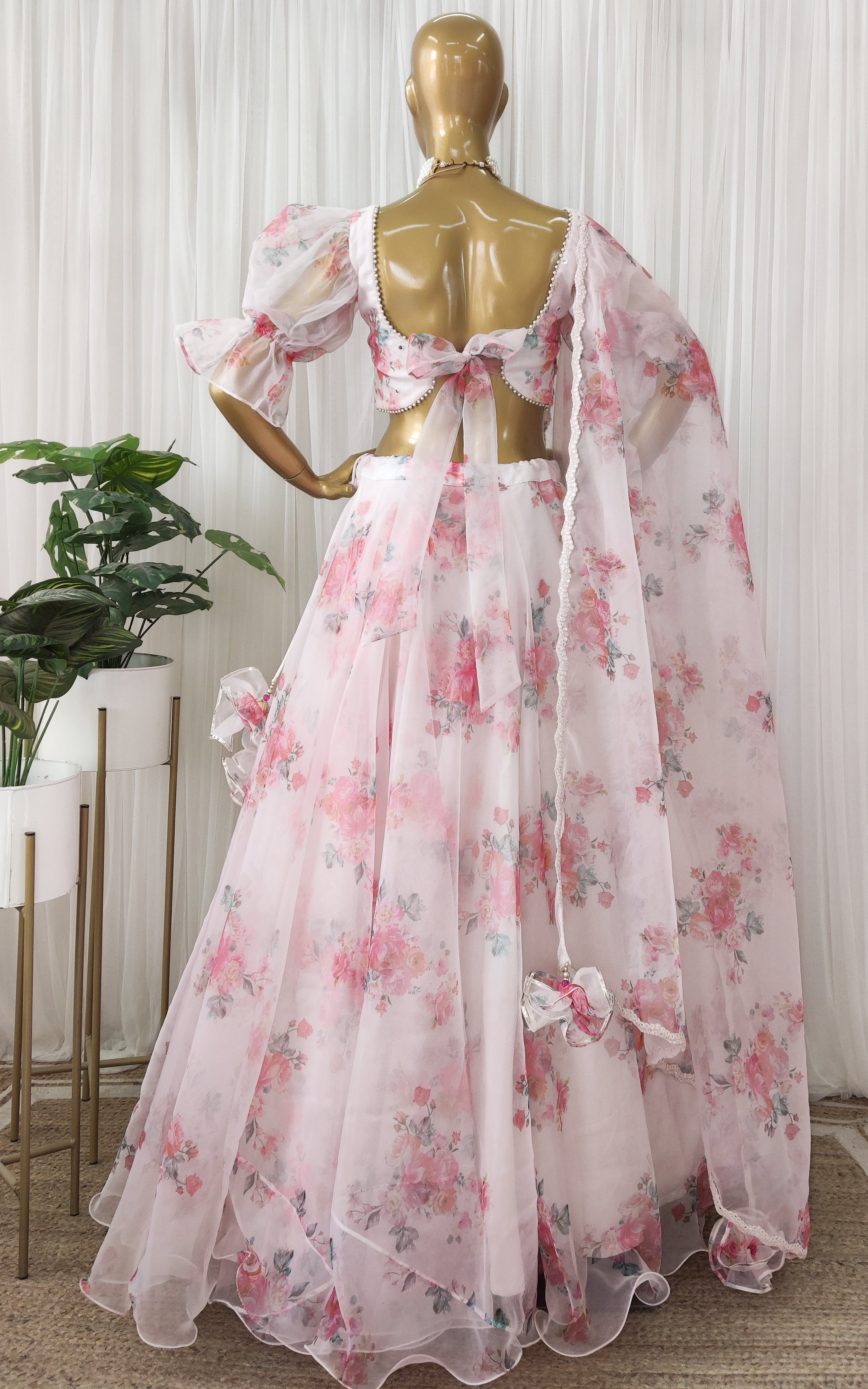Off White Floral Organza Lehenga