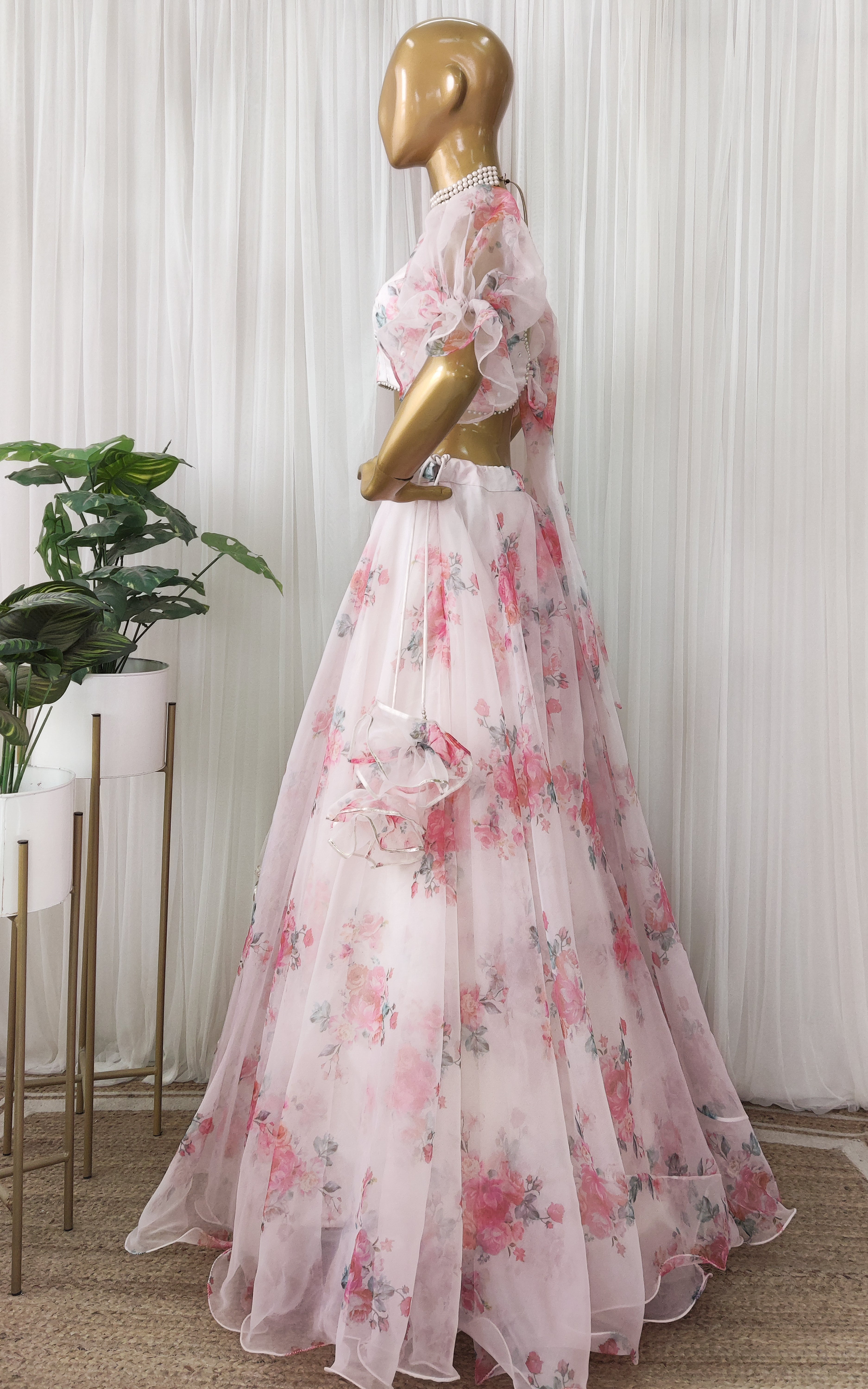 Off White Floral Organza Lehenga