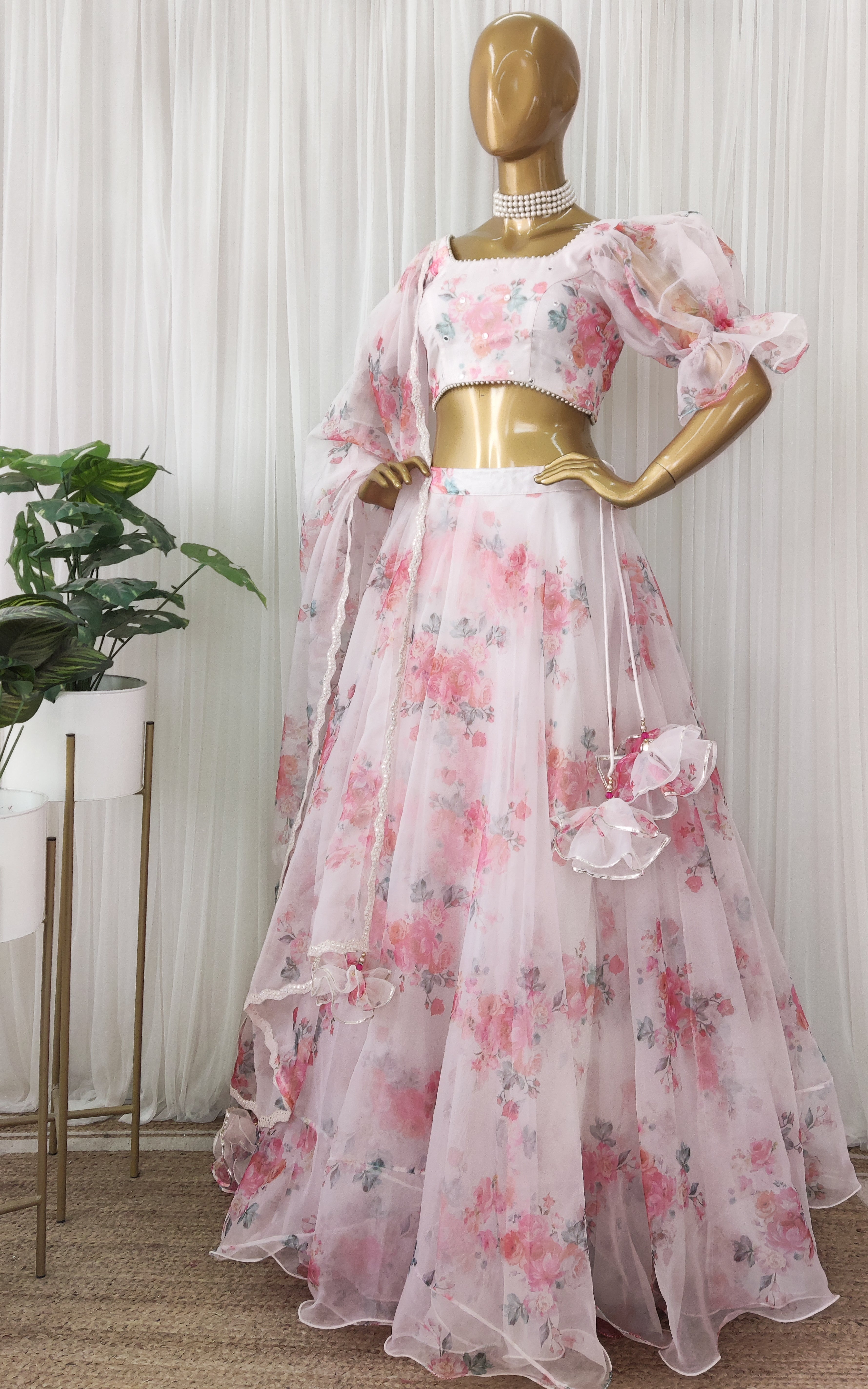 Off White Floral Organza Lehenga