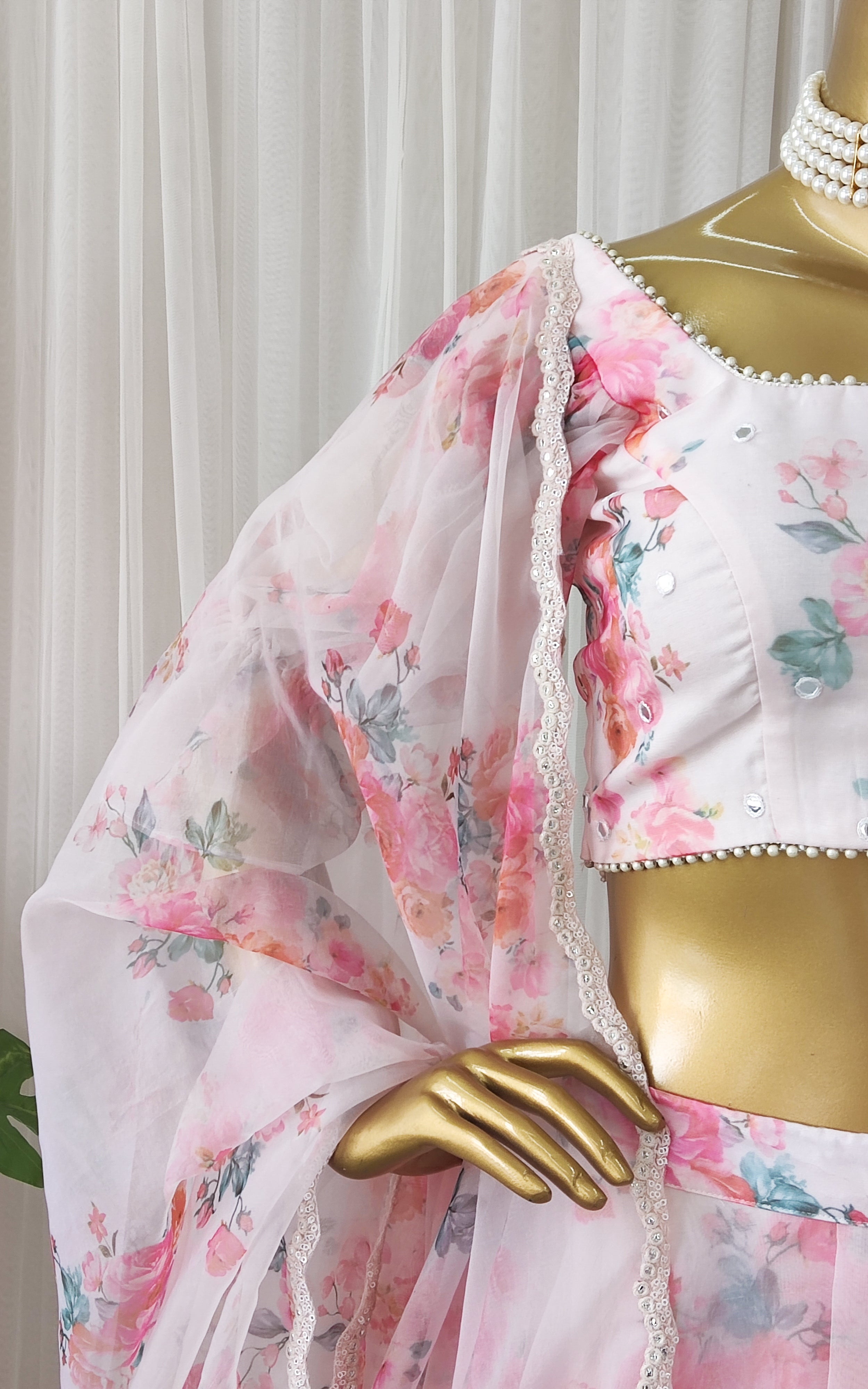 Off White Floral Organza Lehenga