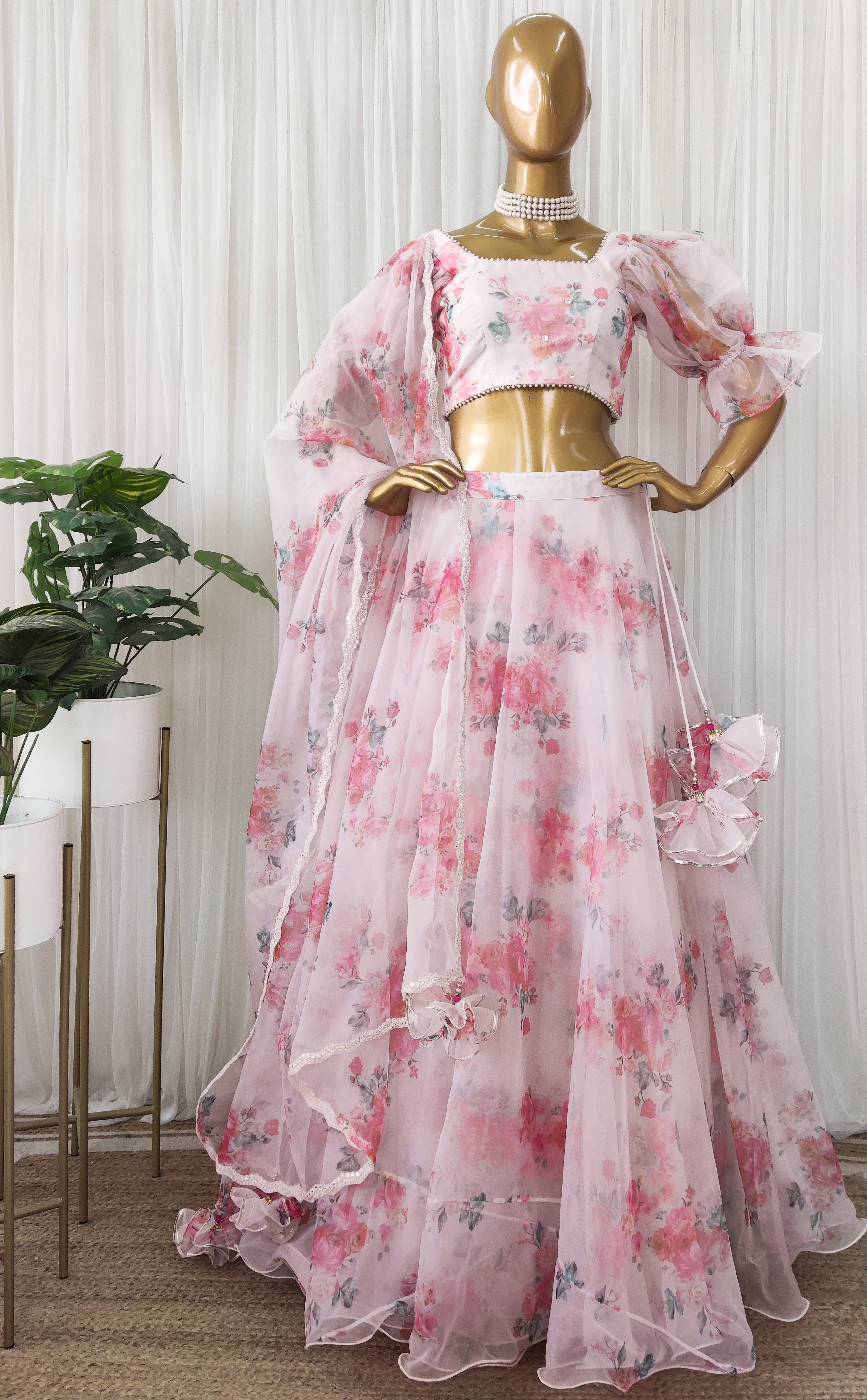 Off White Floral Organza Lehenga
