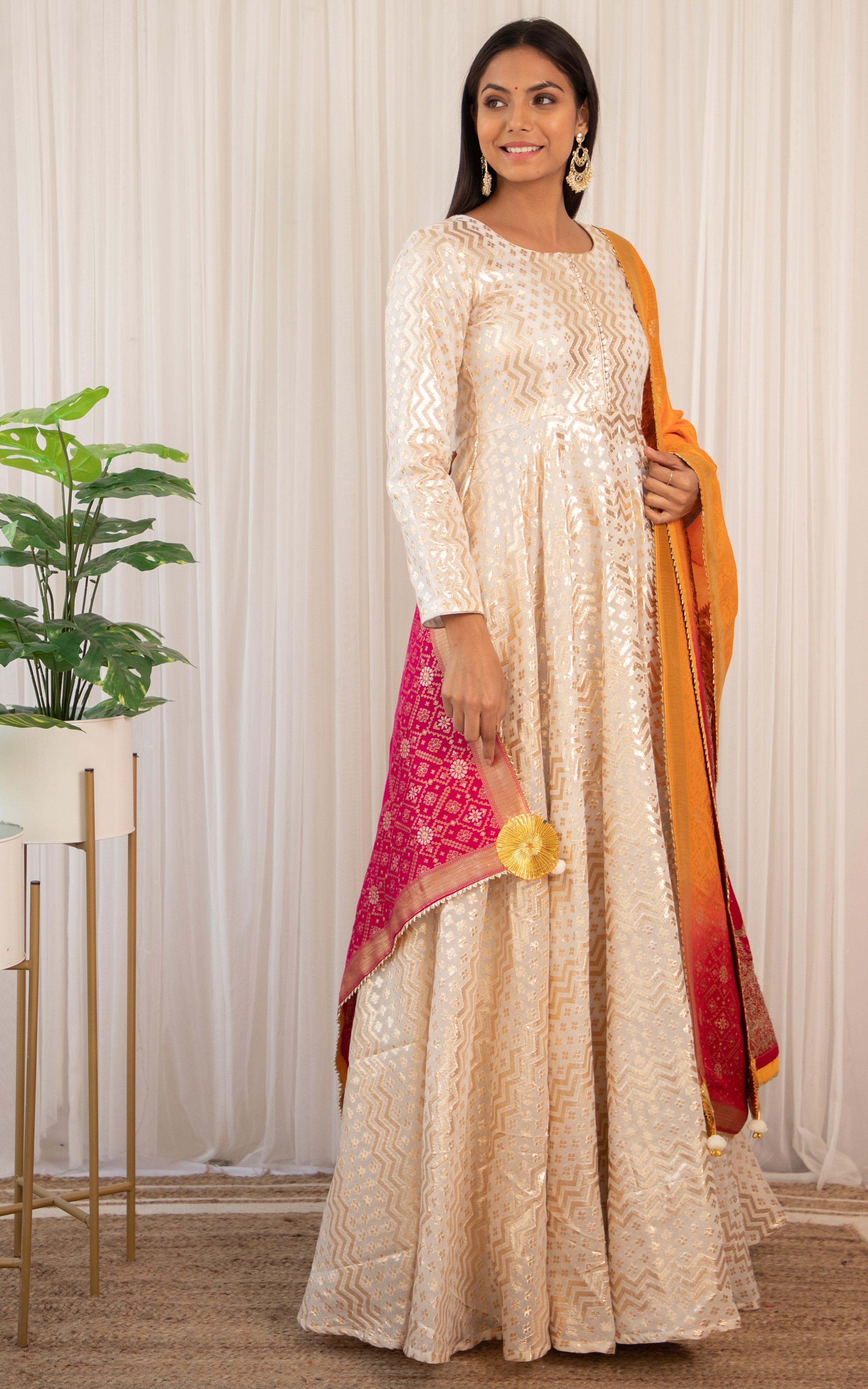 Surbhi Jyoti  Off-white Anarkali with Multicolor Banarsi Dupatta