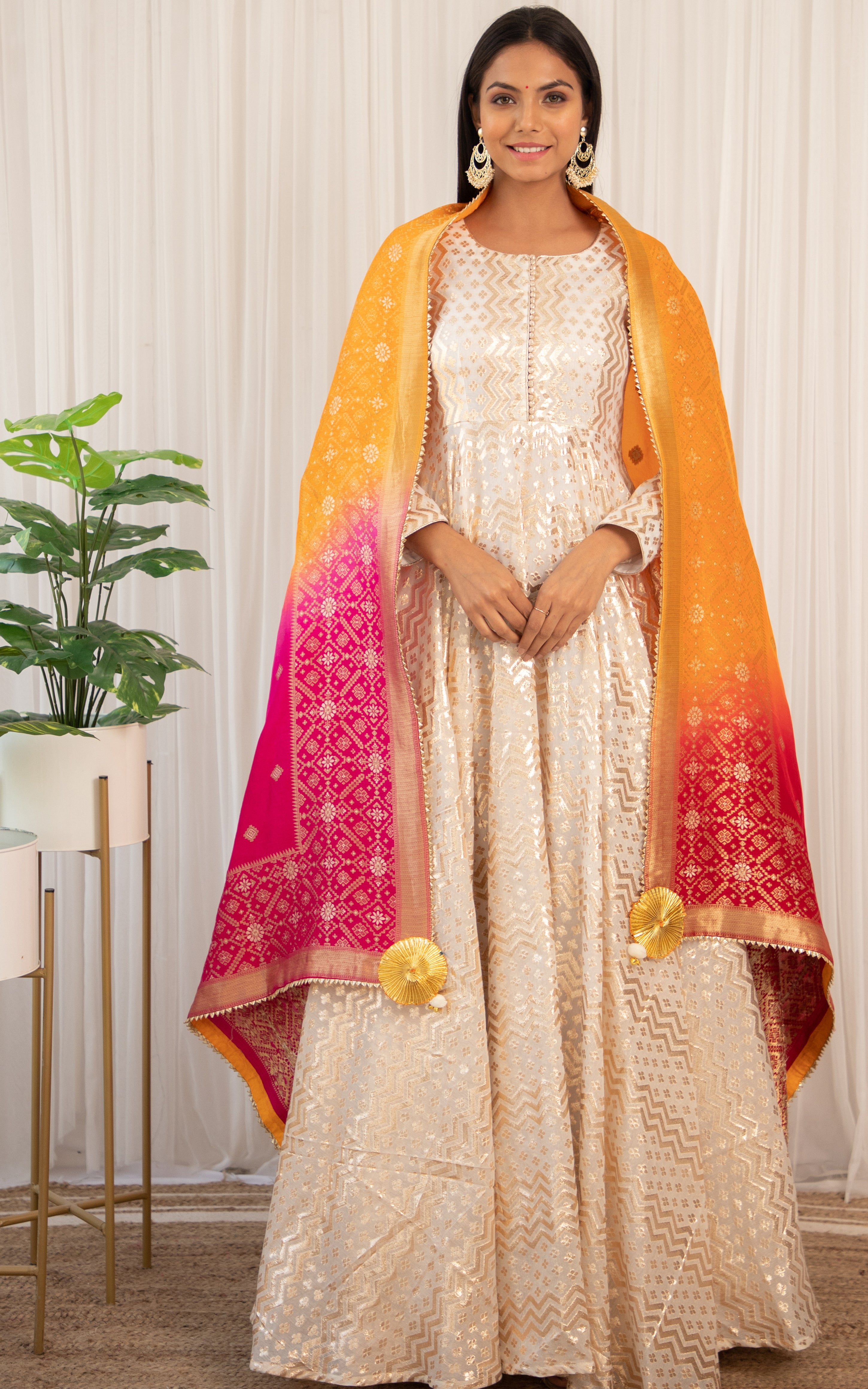 Surbhi Jyoti Off-white Anarkali with Multicolor Banarsi Dupatta