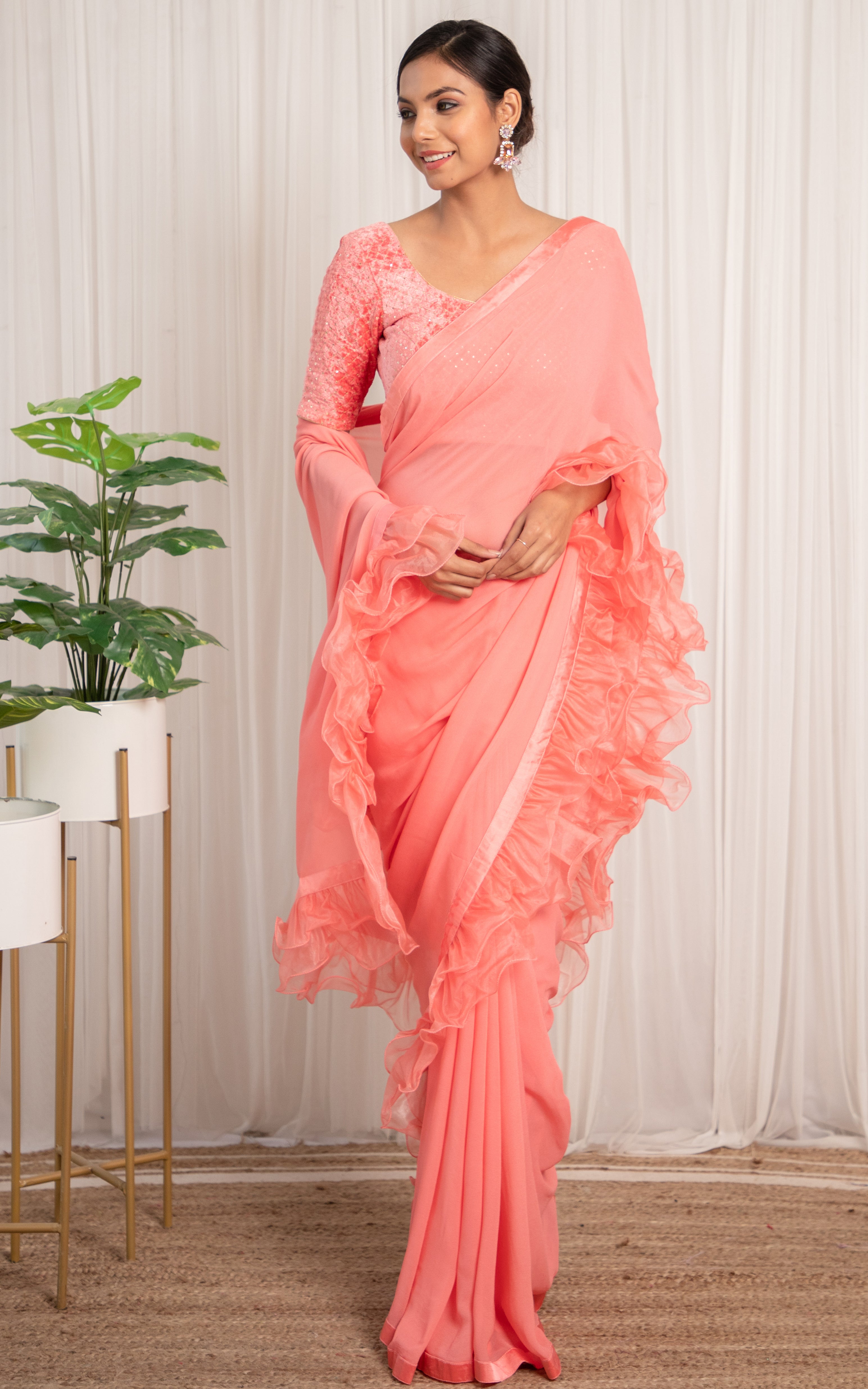 Vintage Pink Ruffle Saree with Velvet Blouse