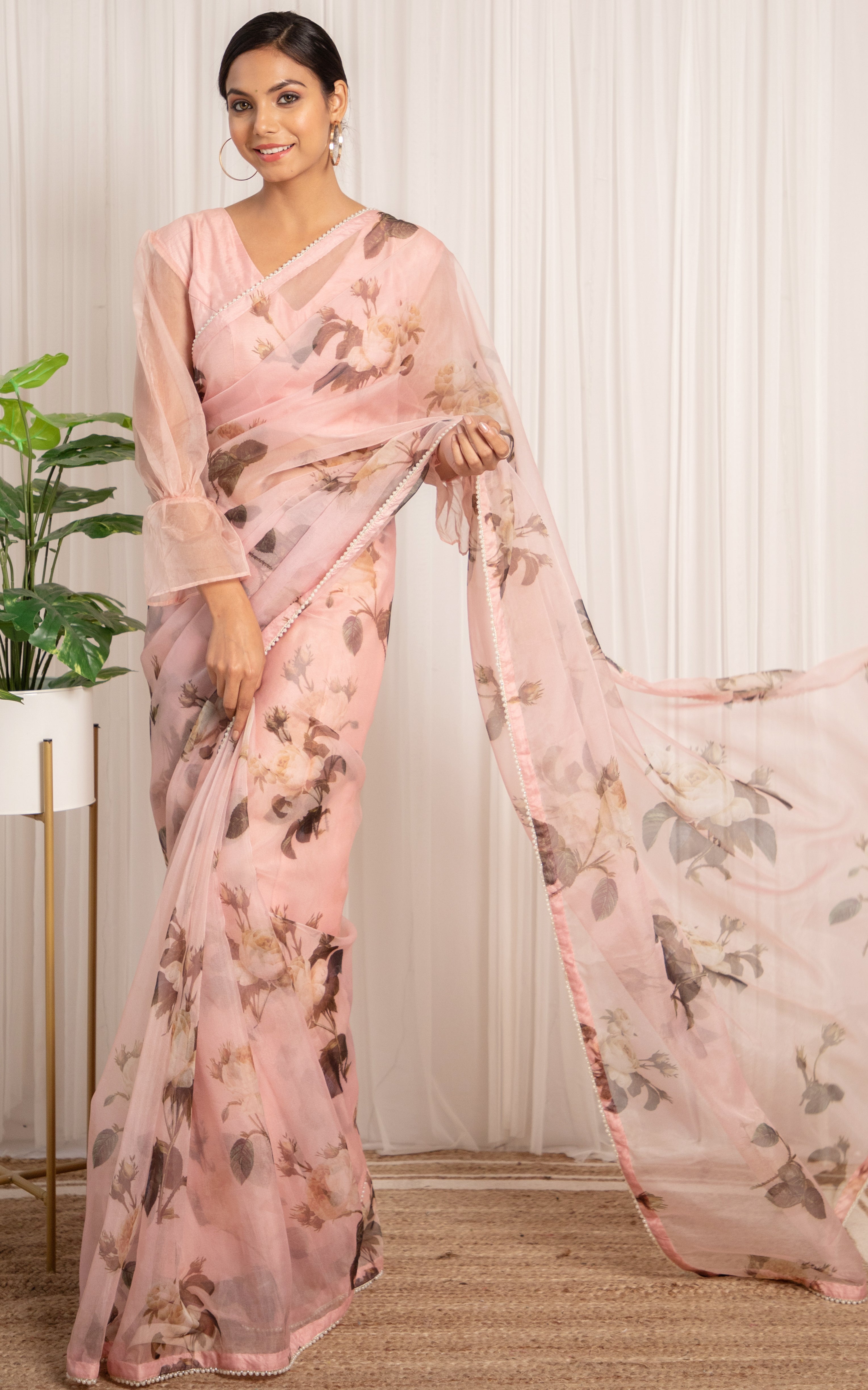 Mugdha Chaphekar Peach Floral Organza Saree