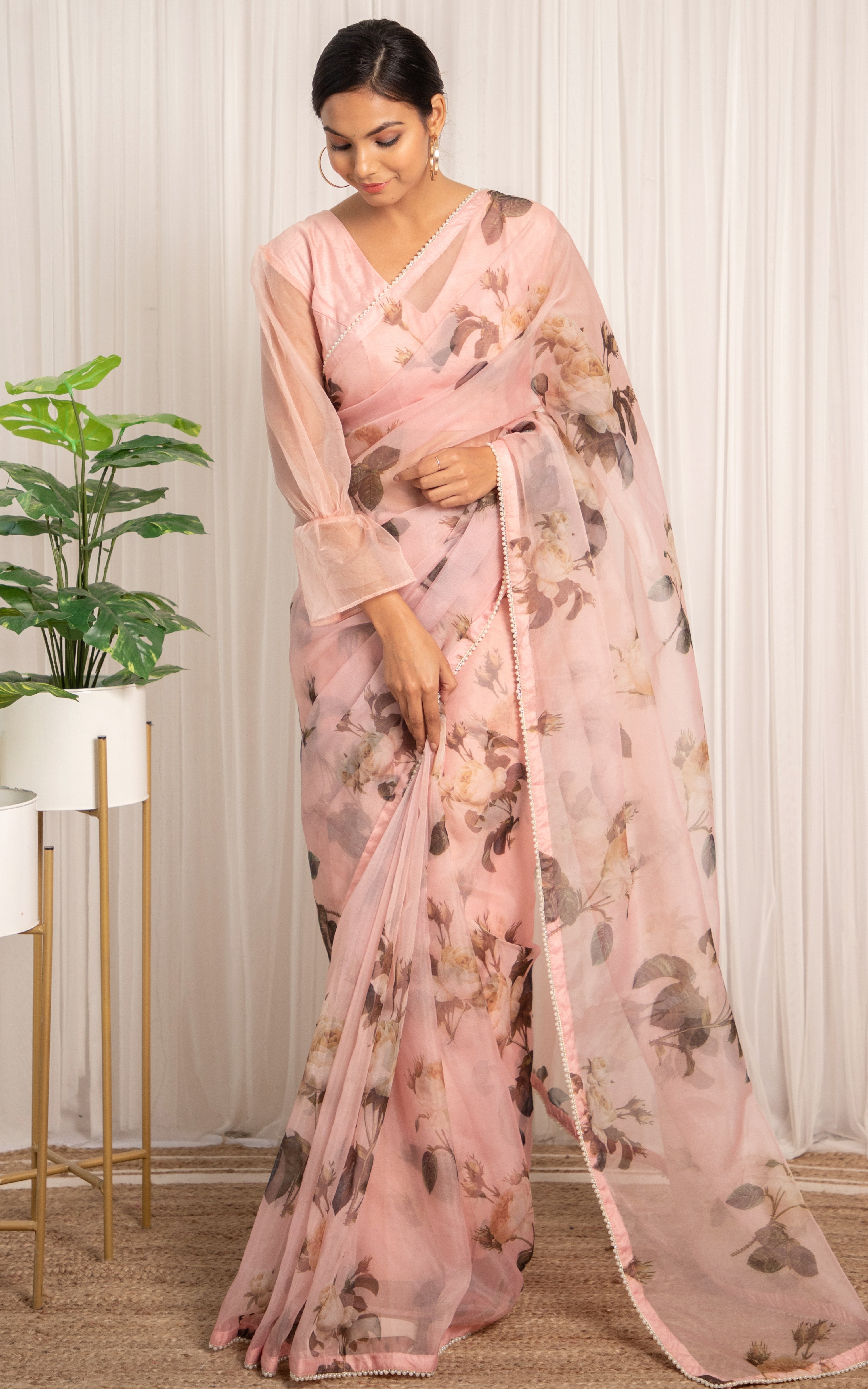 Mugdha Chaphekar Peach Floral Organza Saree