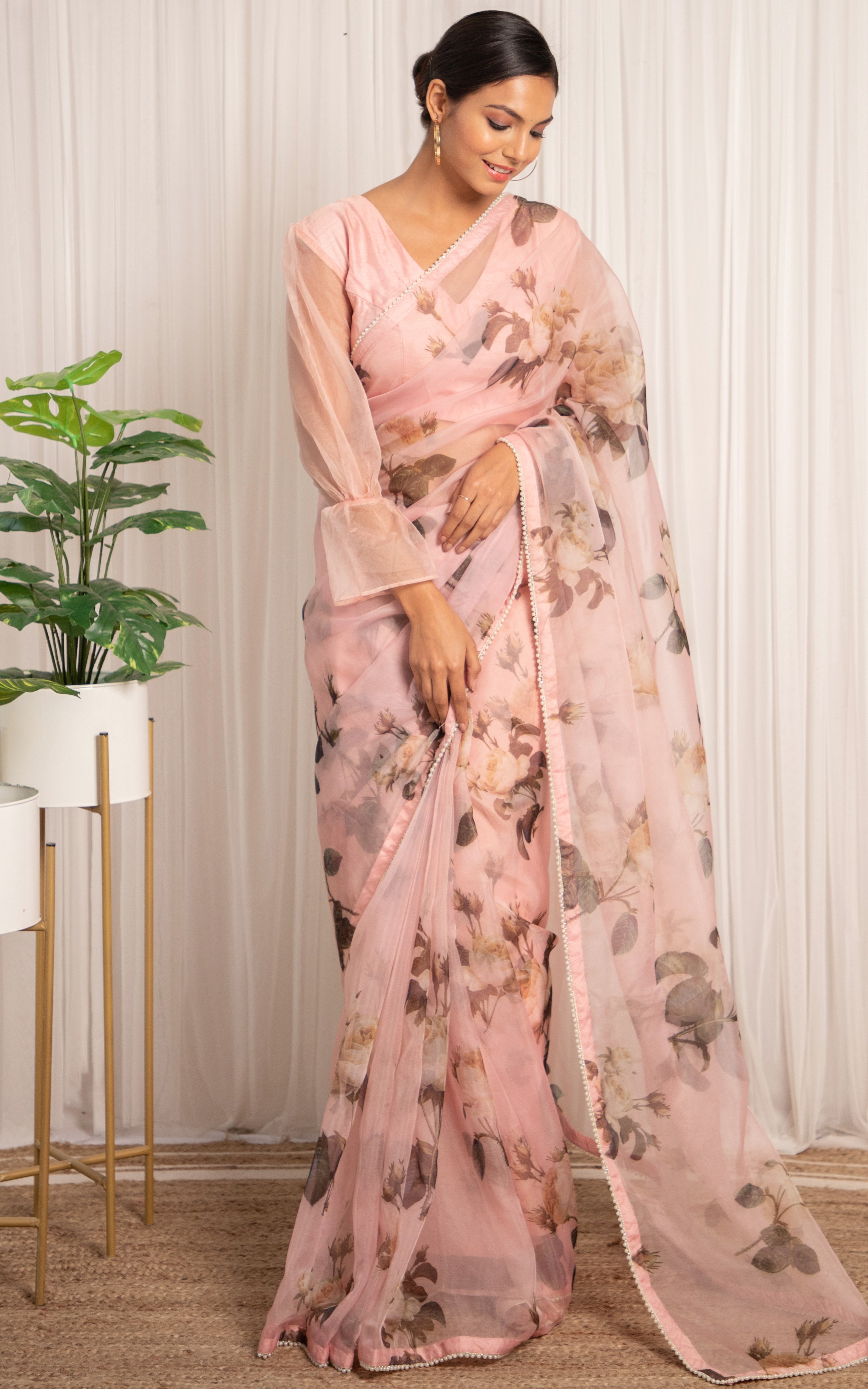 Mugdha Chaphekar Peach Floral Organza Saree