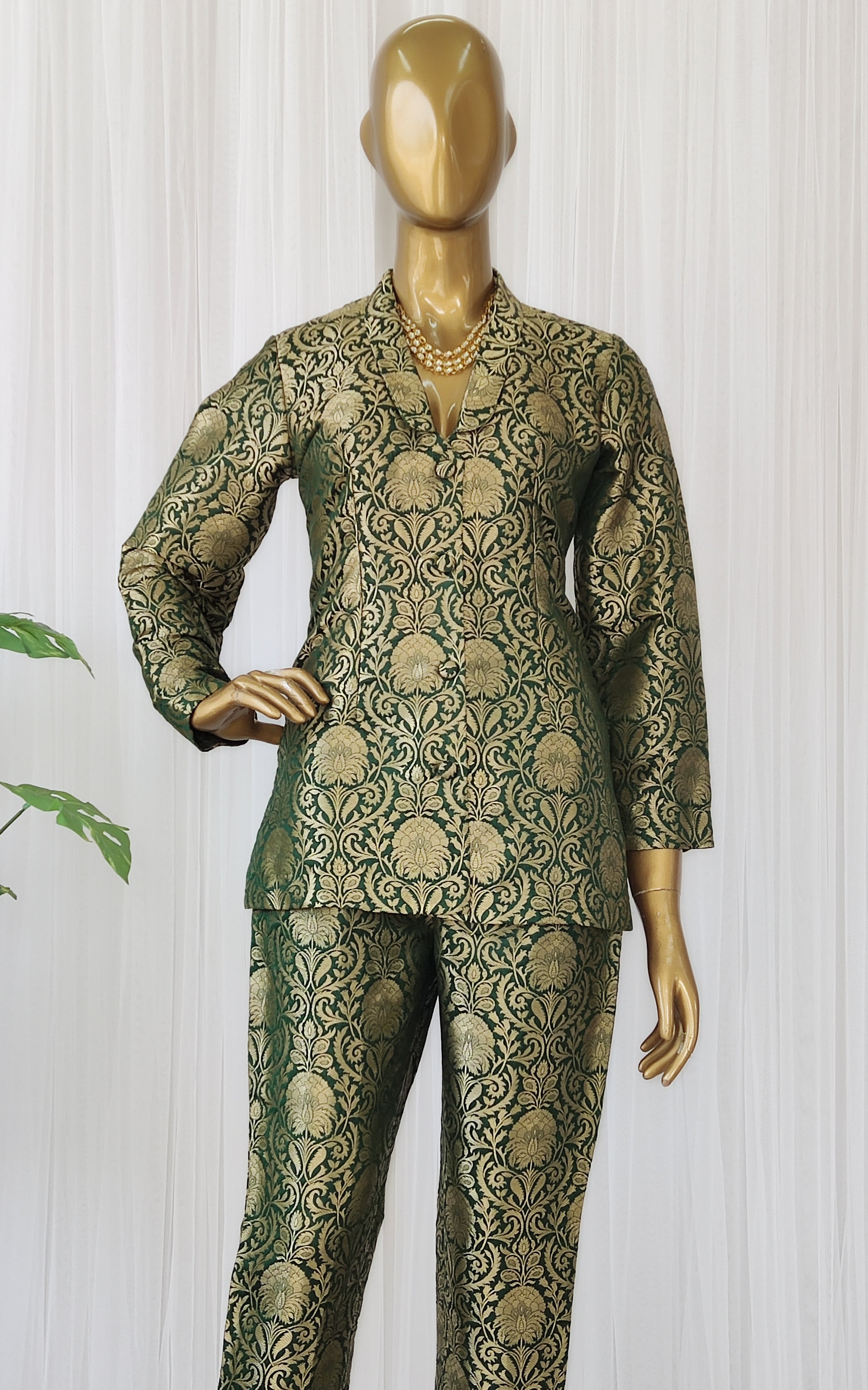Bottle Green Brocade Pant-Suit Co-ord Set