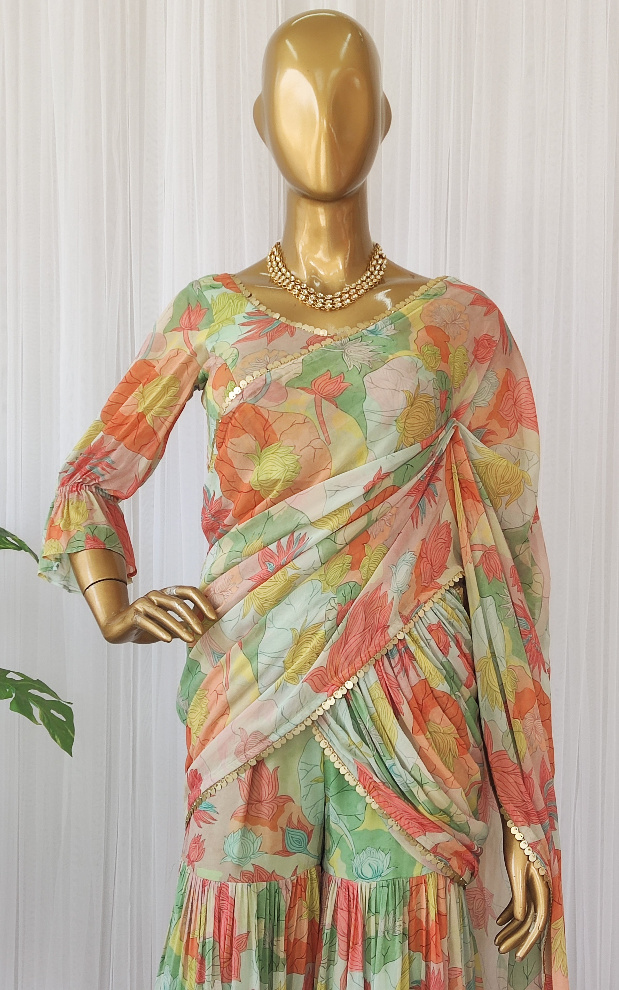 Multi Color Lotus Print Georgette Sharara Saree Set