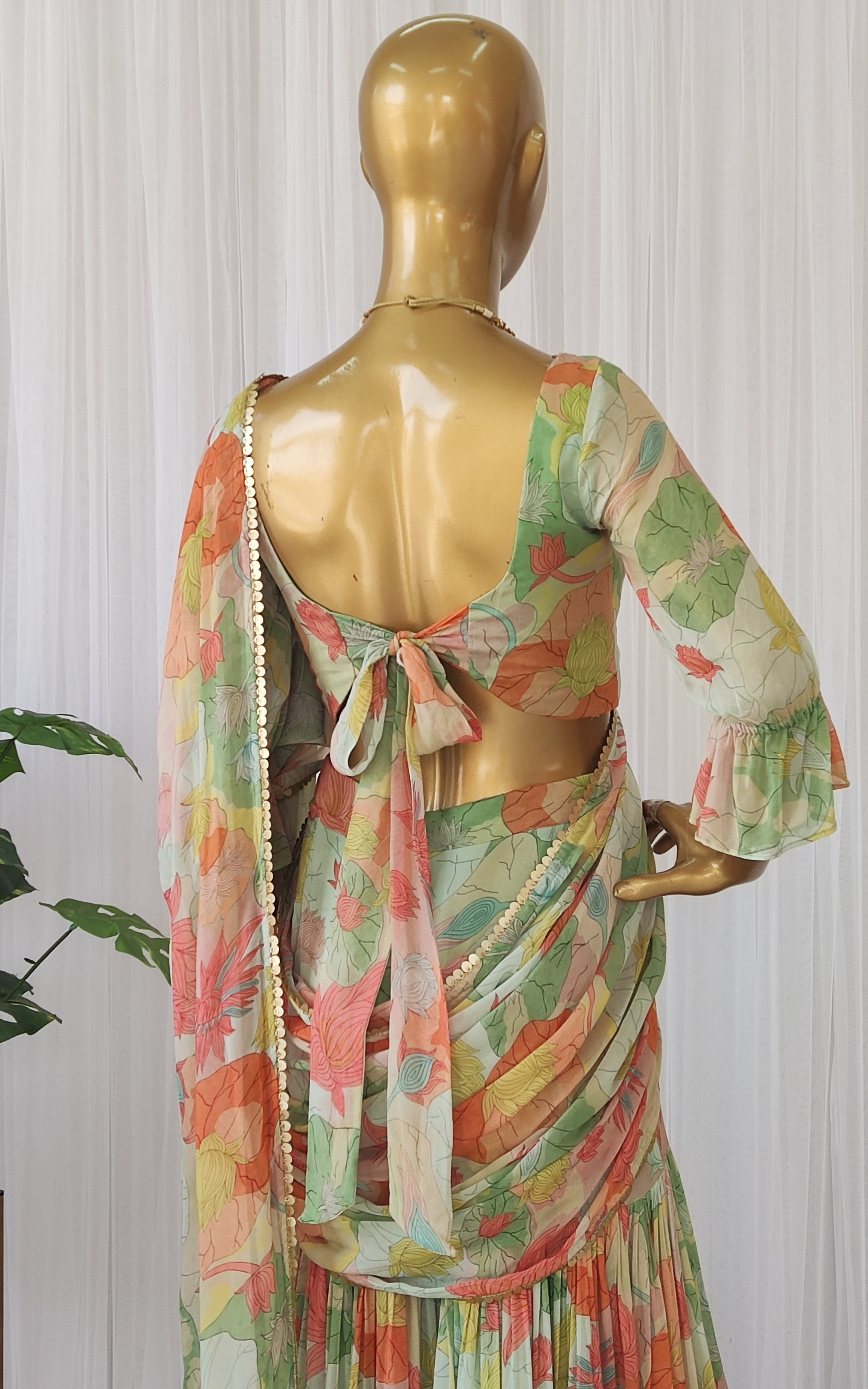Multi Color Lotus Print Georgette Sharara Saree Set