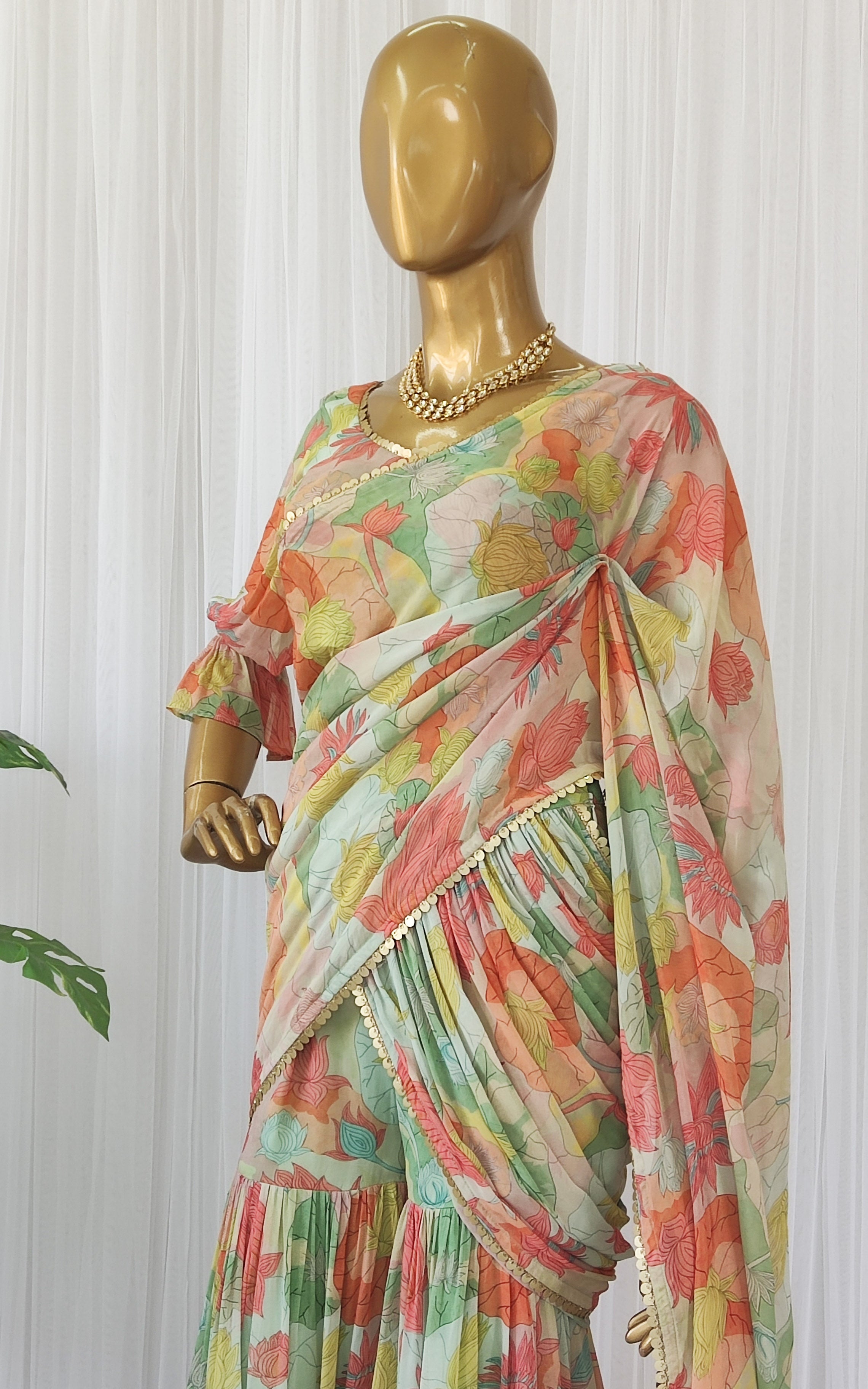 Multi Color Lotus Print Georgette Sharara Saree Set