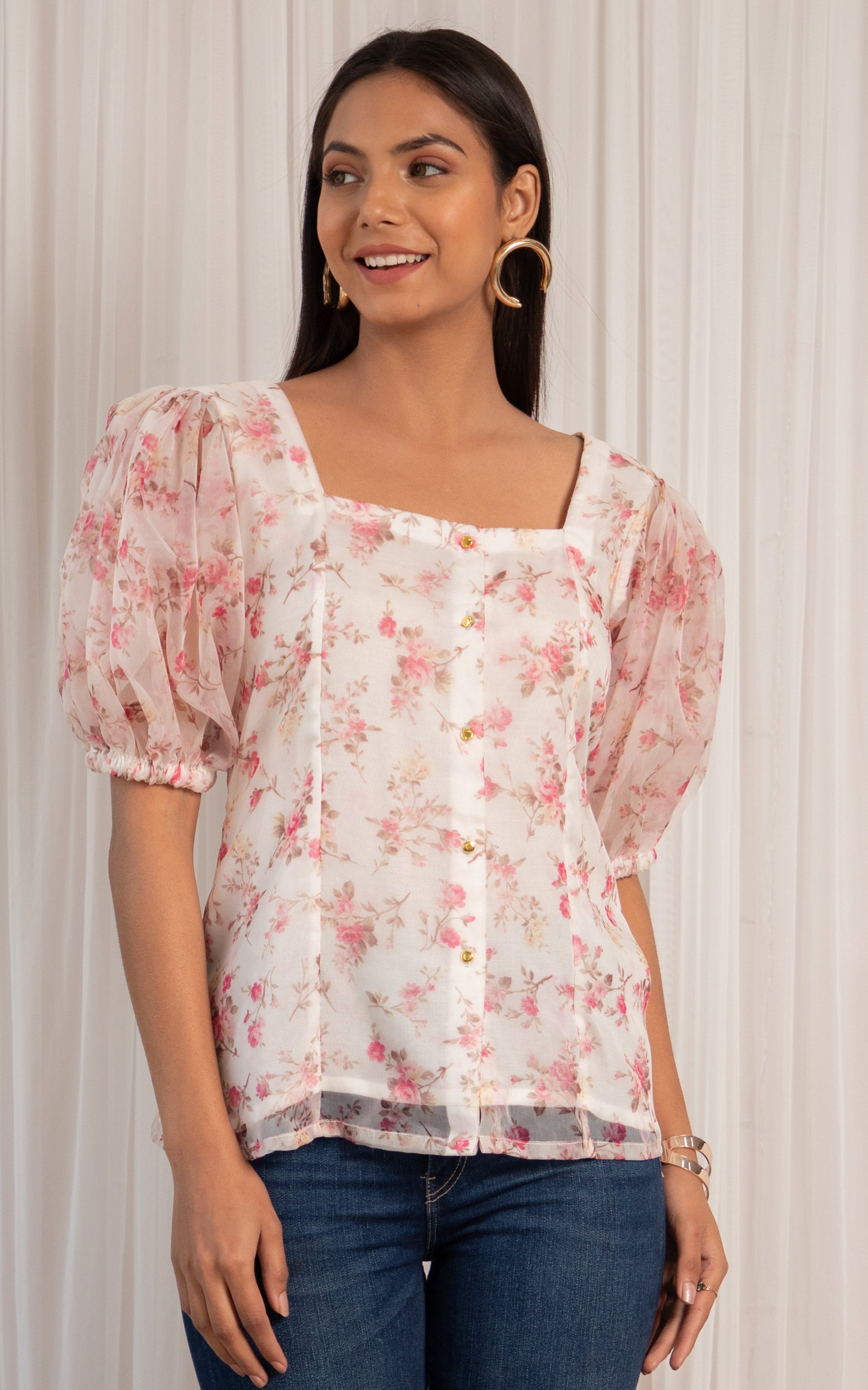 White Floral Fluffed Sleeve Organza Shirt Top