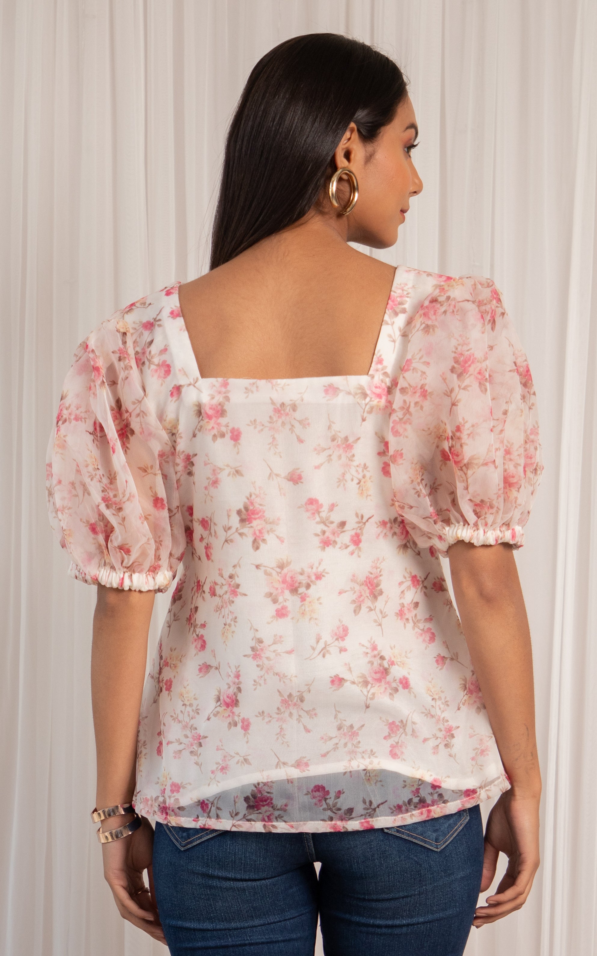 White Floral Fluffed Sleeve Organza Shirt Top
