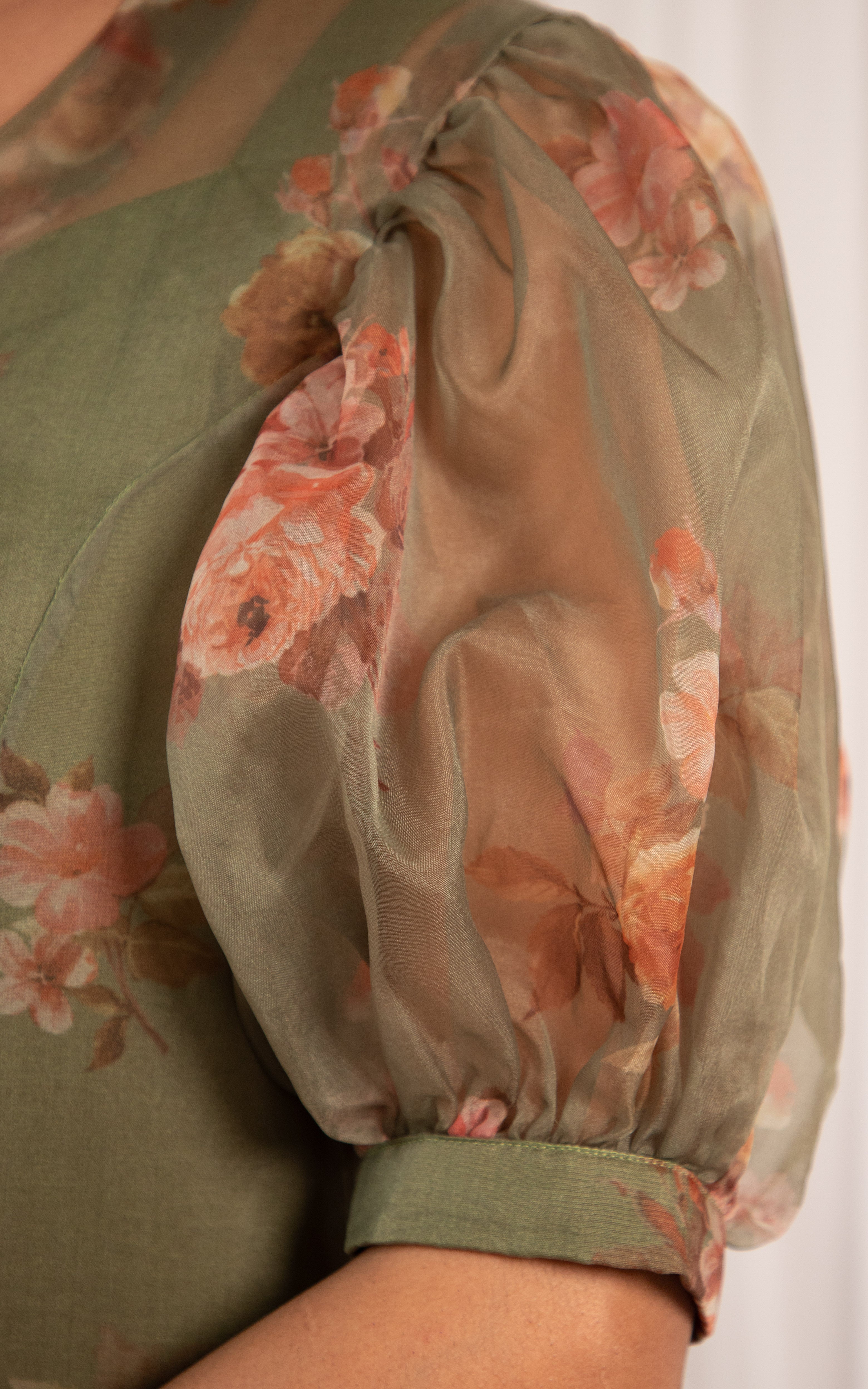 Olive Green Floral Organza Shirt Top