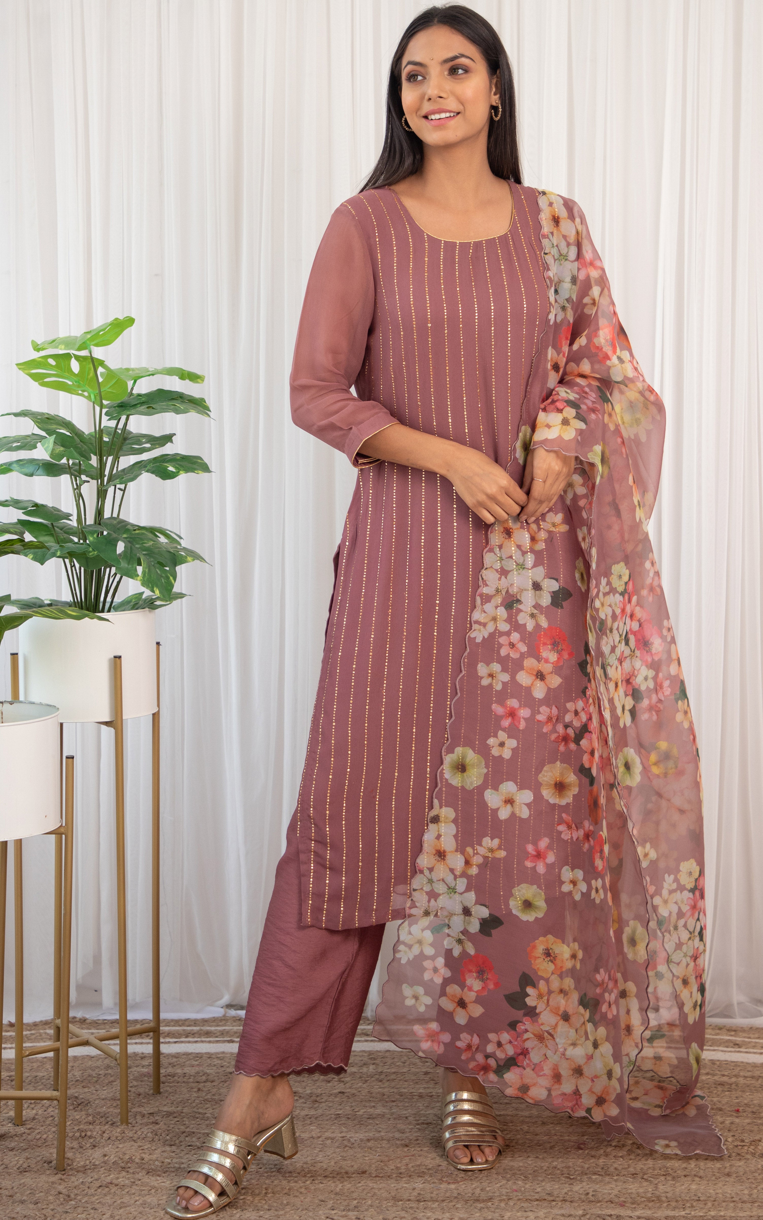 Grapewine Mukaish Kurta Set with Organza Dupatta