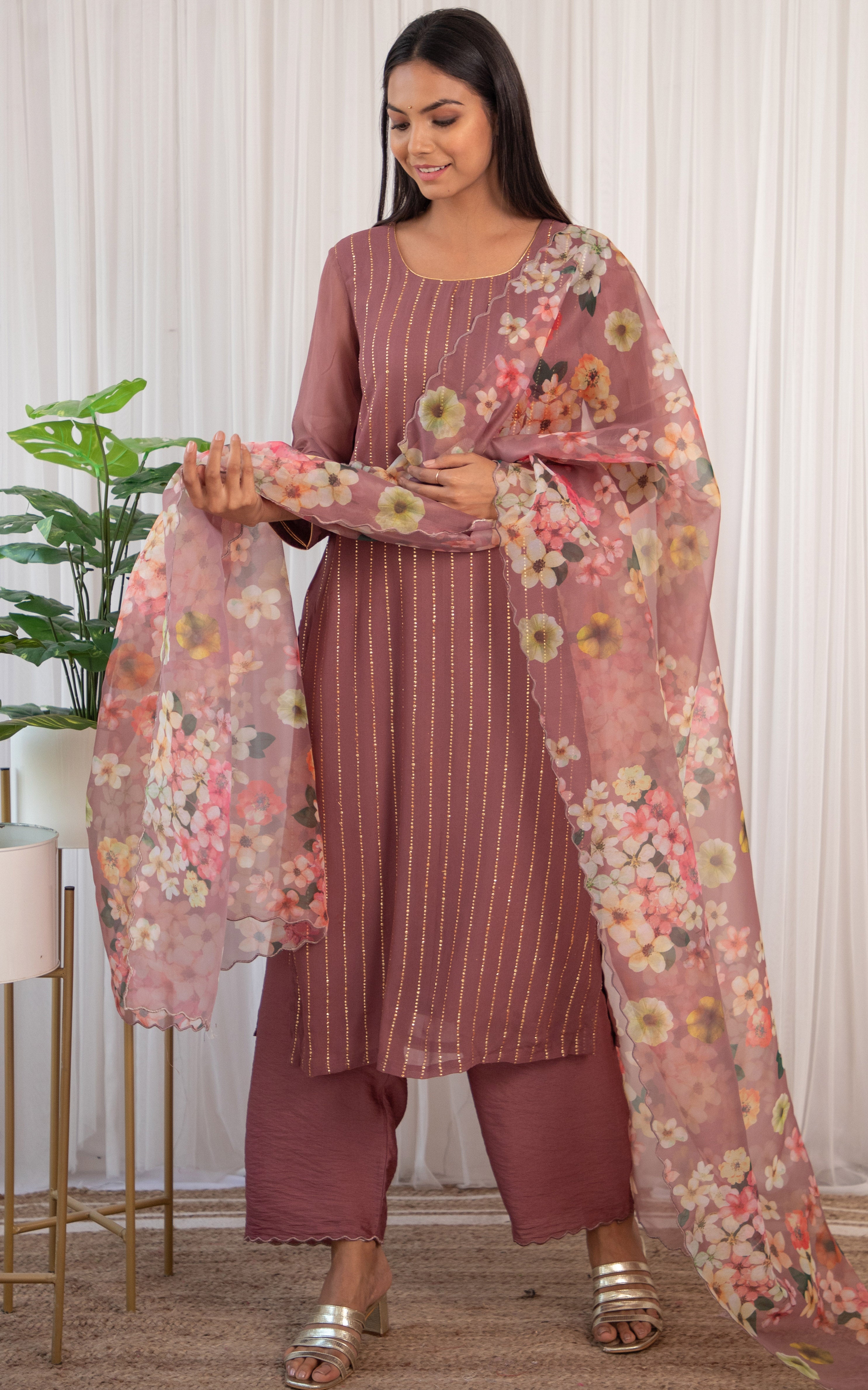 Grapewine Mukaish Kurta Set with Organza Dupatta