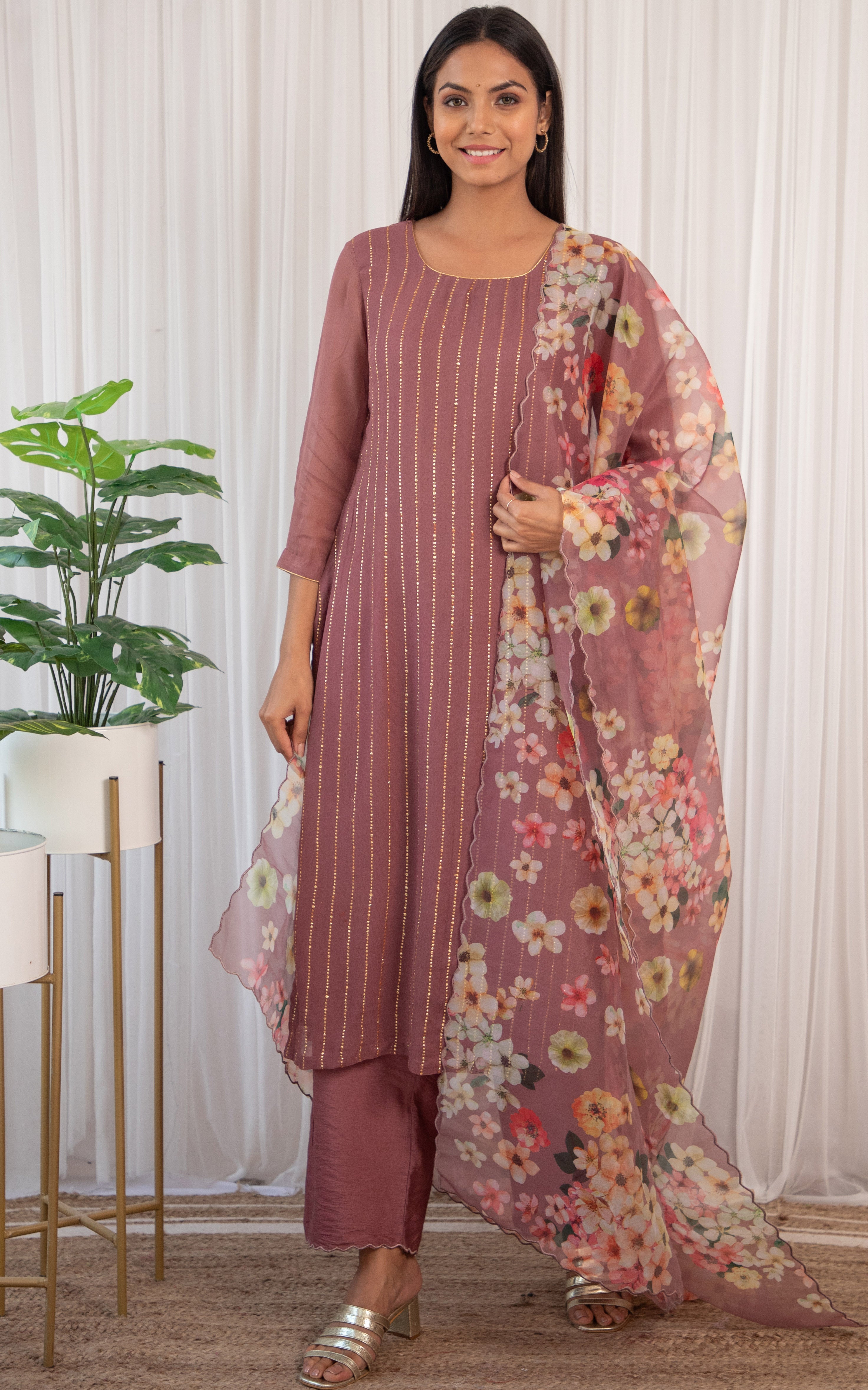 Grapewine Mukaish Kurta Set with Organza Dupatta