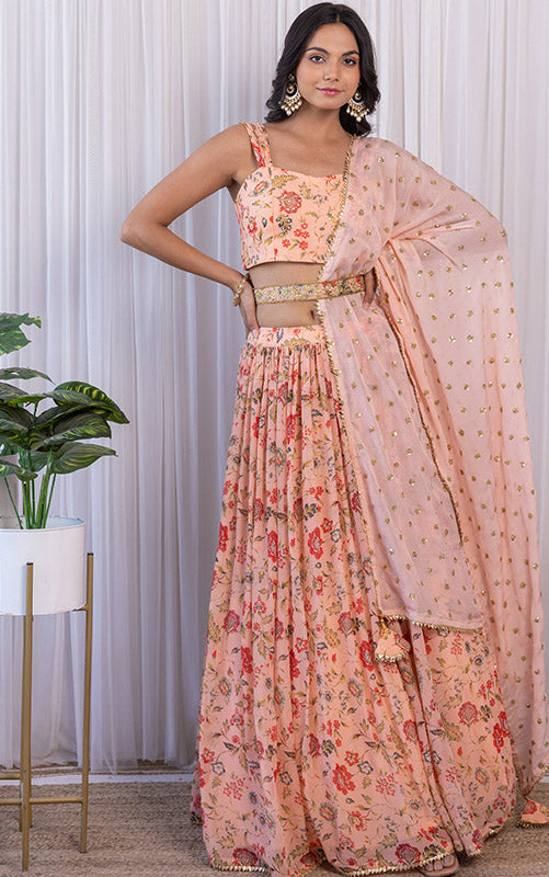 Cipia Peach Handwork Floral Printed Georgette Lehenga