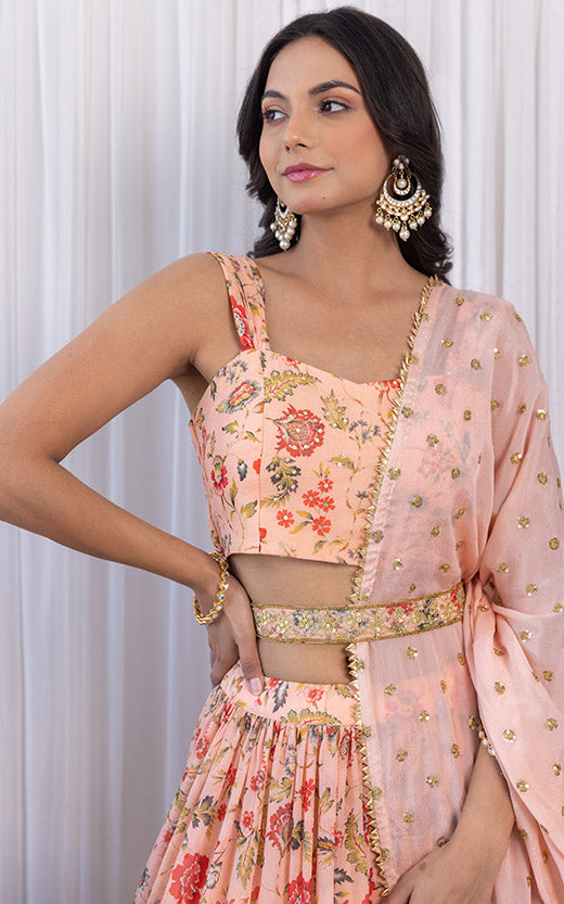 Cipia Peach Handwork Floral Printed Georgette Lehenga