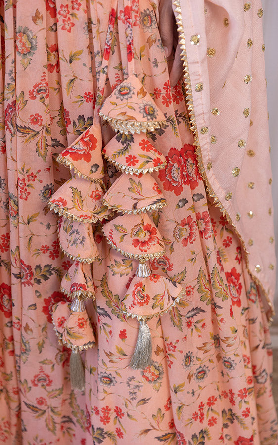 Cipia Peach Handwork Floral Printed Georgette Lehenga