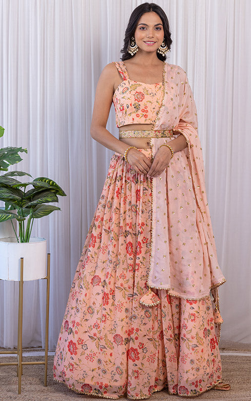 Cipia Peach Handwork Floral Printed Georgette Lehenga