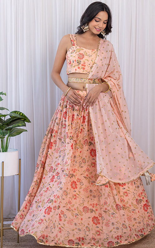 Cipia Peach Handwork Floral Printed Georgette Lehenga