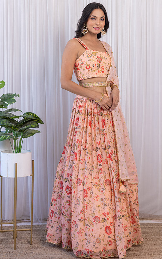 Cipia Peach Handwork Floral Printed Georgette Lehenga