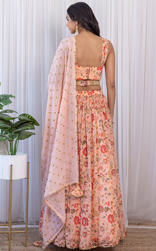 Cipia Peach Handwork Floral Printed Georgette Lehenga
