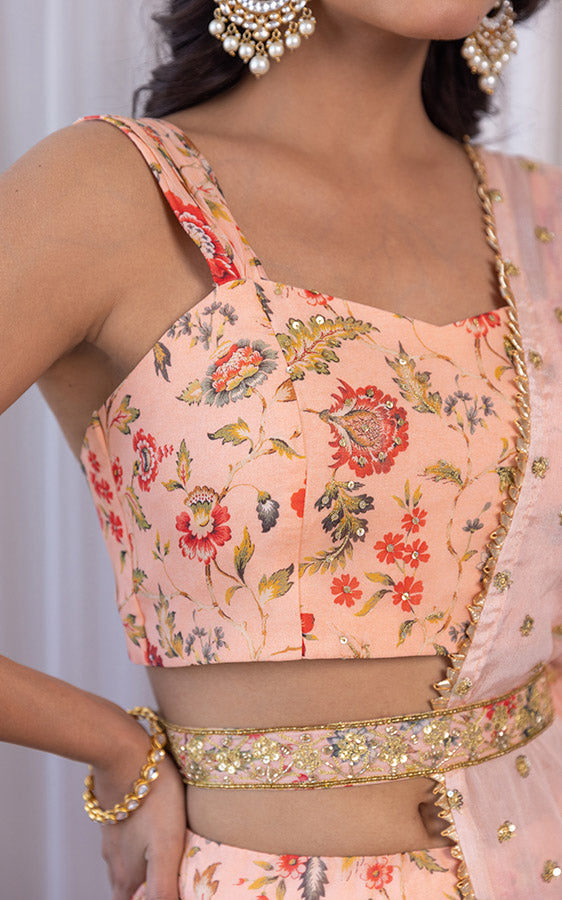 Cipia Peach Handwork Floral Printed Georgette Lehenga