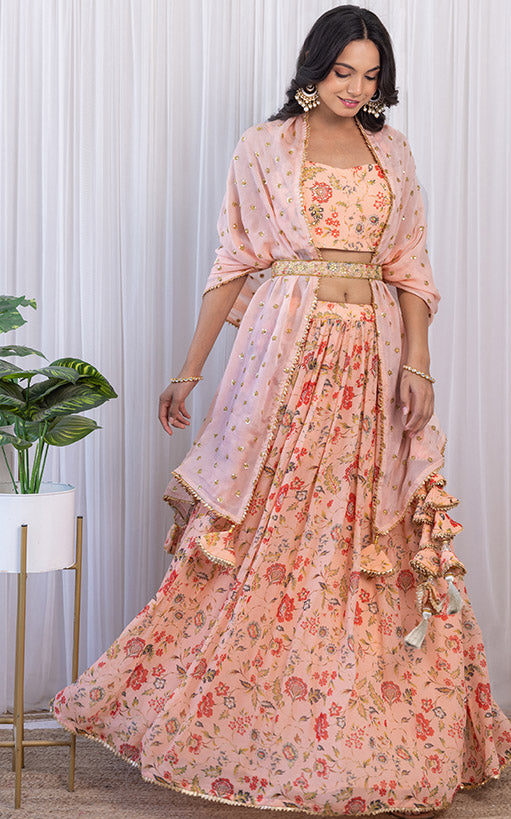 Cipia Peach Handwork Floral Printed Georgette Lehenga