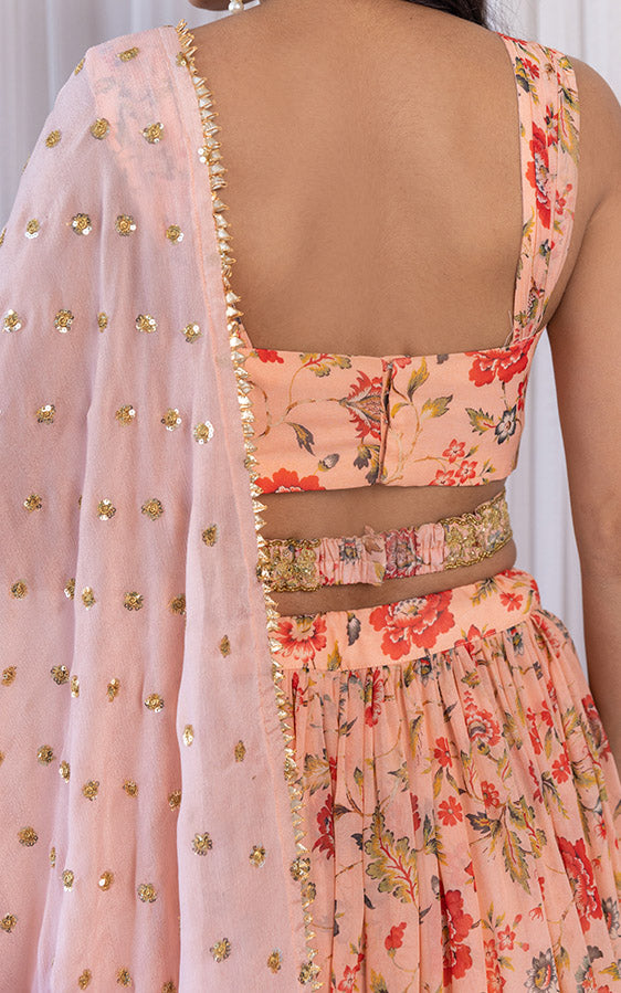 Cipia Peach Handwork Floral Printed Georgette Lehenga