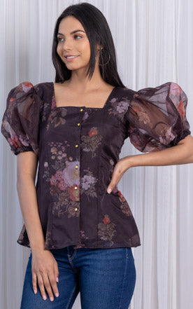Black Floral Organza Top