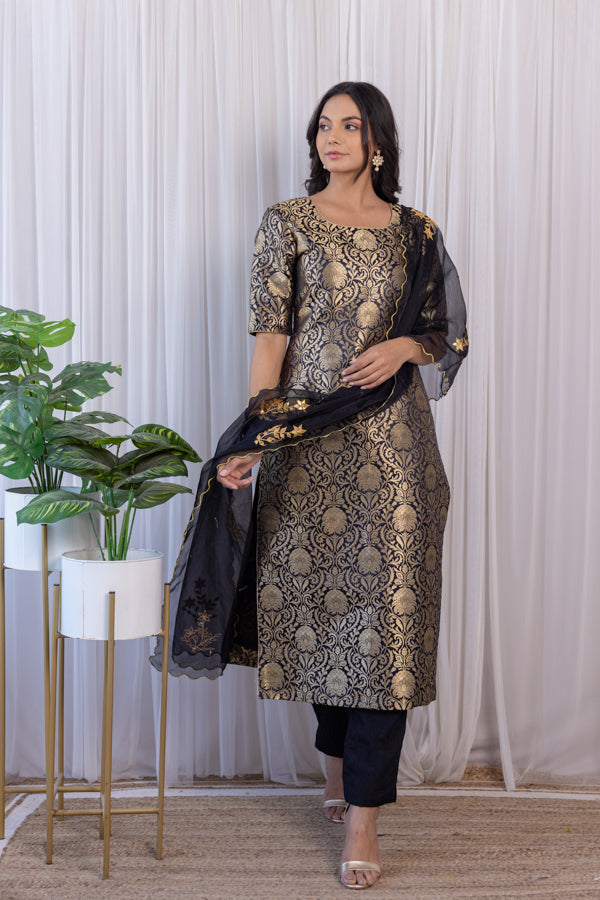 Black Brocade Kurta Set with Gota Patti Organza Dupatta