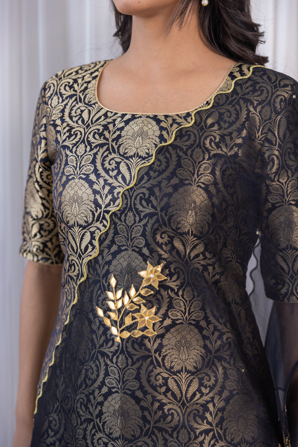 Black Brocade Kurta Set with Gota Patti Organza Dupatta