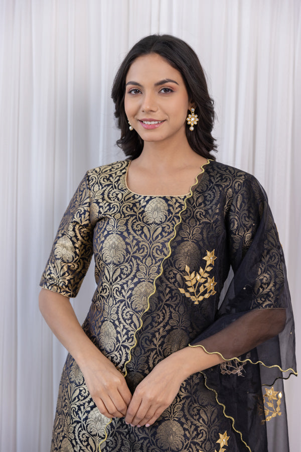 Black Brocade Kurta Set with Gota Patti Organza Dupatta