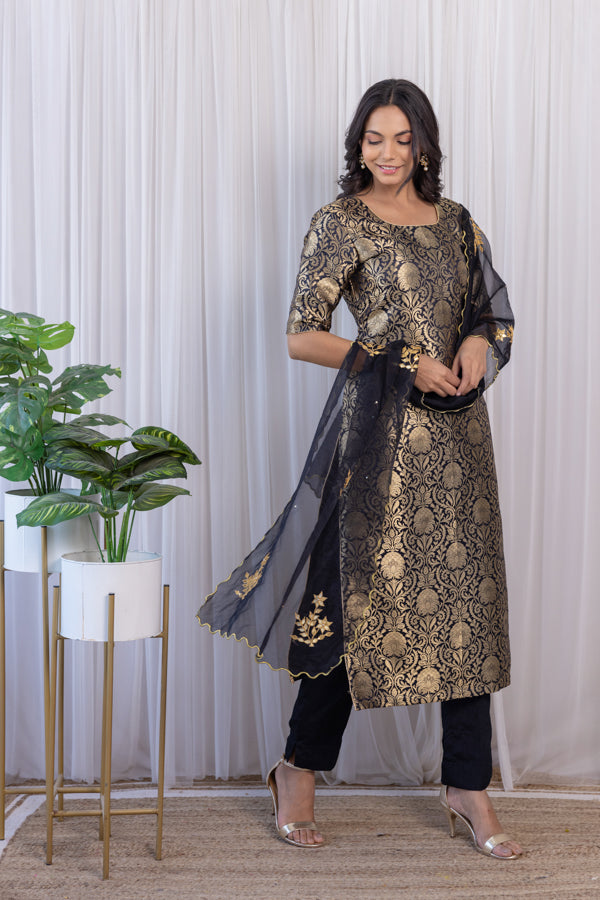 Black Brocade Kurta Set with Gota Patti Organza Dupatta