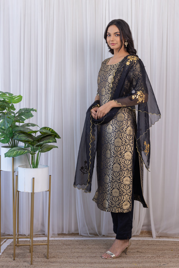 Black Brocade Kurta Set with Gota Patti Organza Dupatta