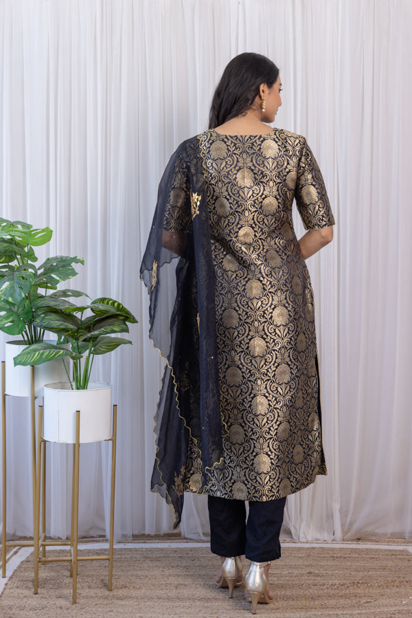 Black Brocade Kurta Set with Gota Patti Organza Dupatta