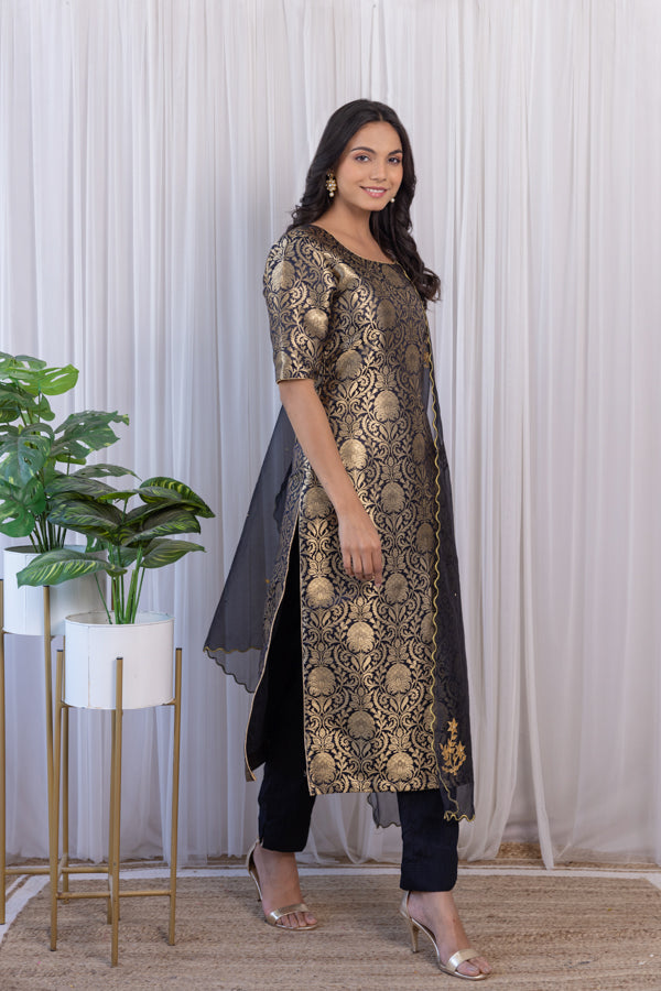 Black Brocade Kurta Set with Gota Patti Organza Dupatta