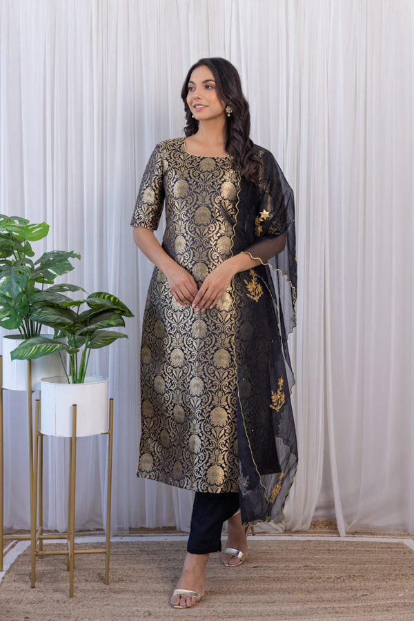 Black Brocade Kurta Set with Gota Patti Organza Dupatta