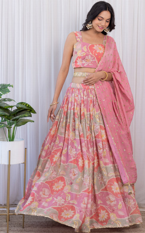 Noopur Vintage Pink Handwork Printed Georgette Lehenga with Embellished Belt