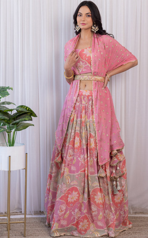 Noopur Vintage Pink Handwork Printed Georgette Lehenga with Embellished Belt