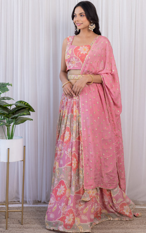 Noopur Vintage Pink Handwork Printed Georgette Lehenga with Embellished Belt